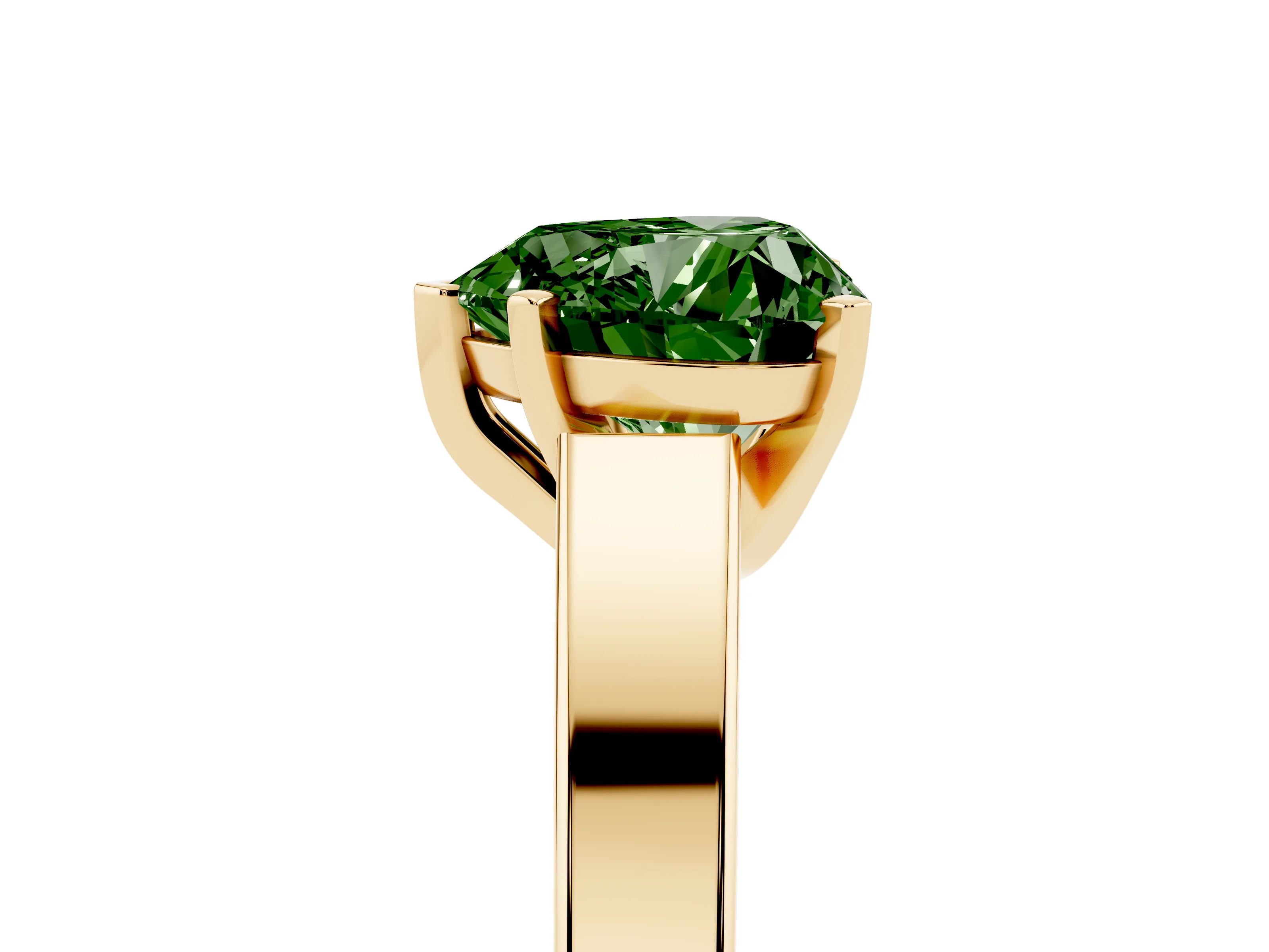 Fancy Green Heart Cut Diamond Solitaire Engagement Ring Set in Yellow gold with Prong Setting and Tapered Band