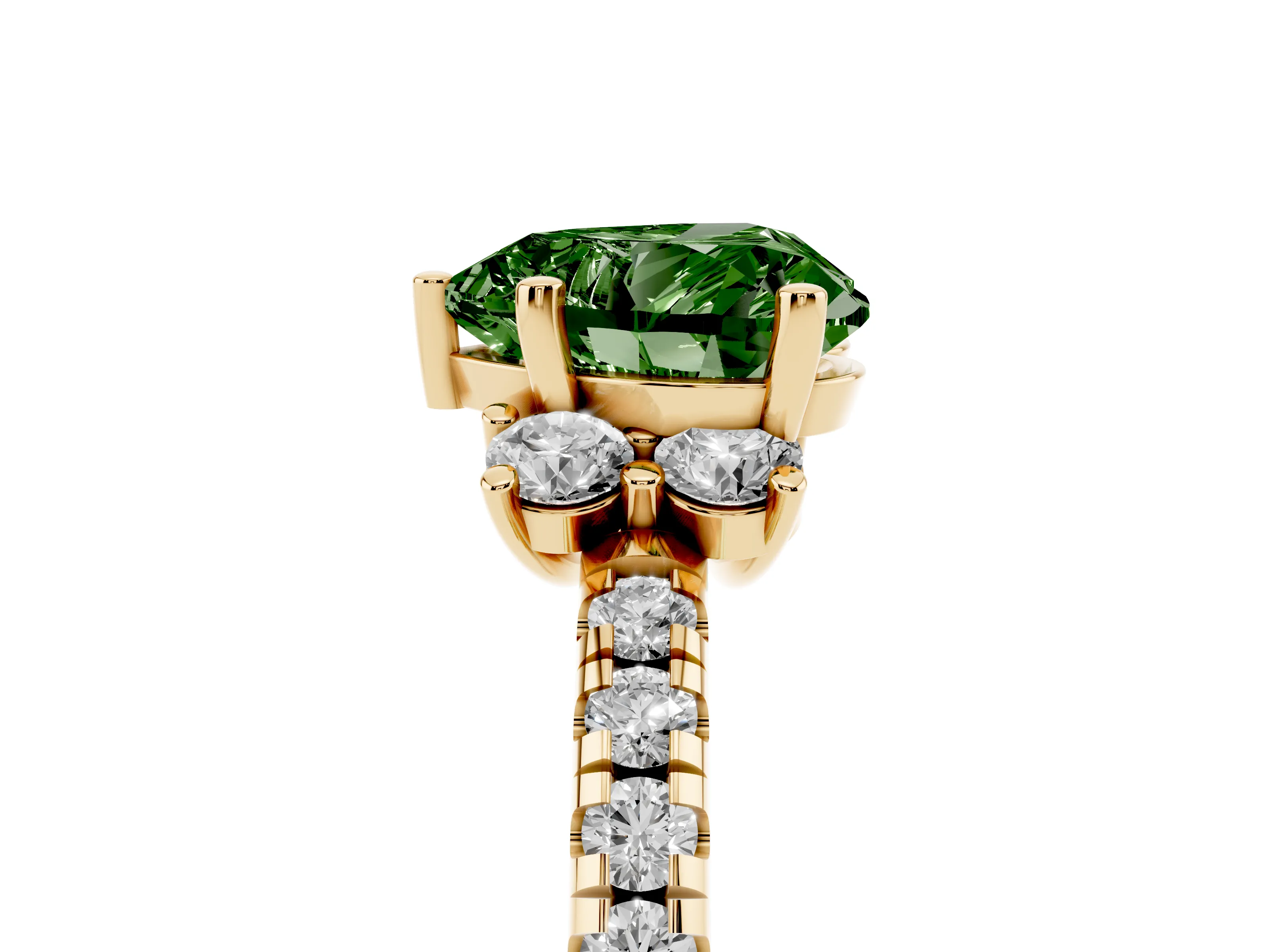 Fancy Green Heart Cut Diamond Three-Stone Pavé Ring Set in Yellow gold with Prong Setting