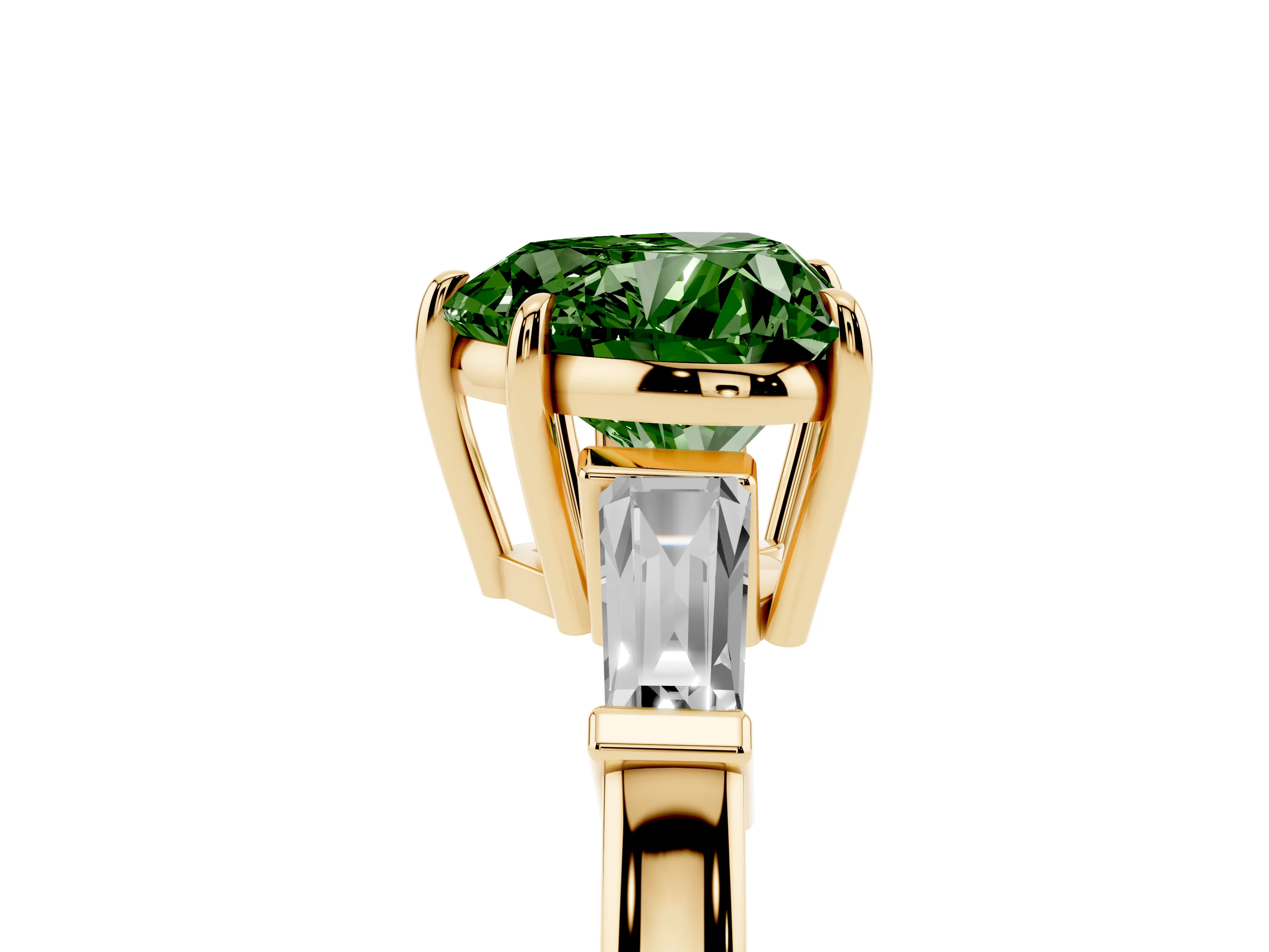 Fancy Green Heart Cut Diamond Three-Stone Ring Set in Yellow gold with Tapered Baguette Side Stones and Prong Setting