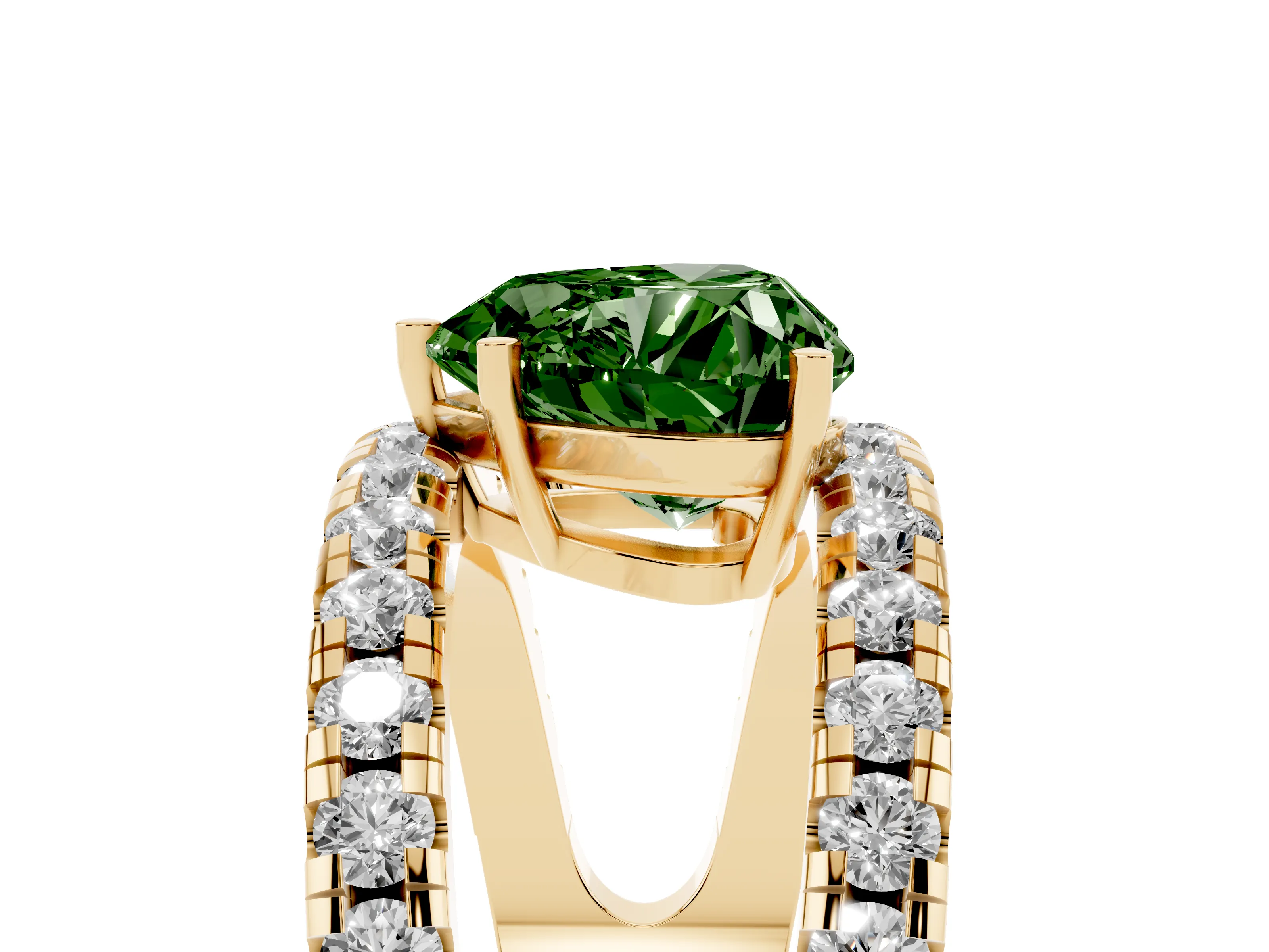 Fancy Green Heart Cut Diamond Split Shank Pavé Solitaire Ring Set in Yellow gold with Open Shank Design