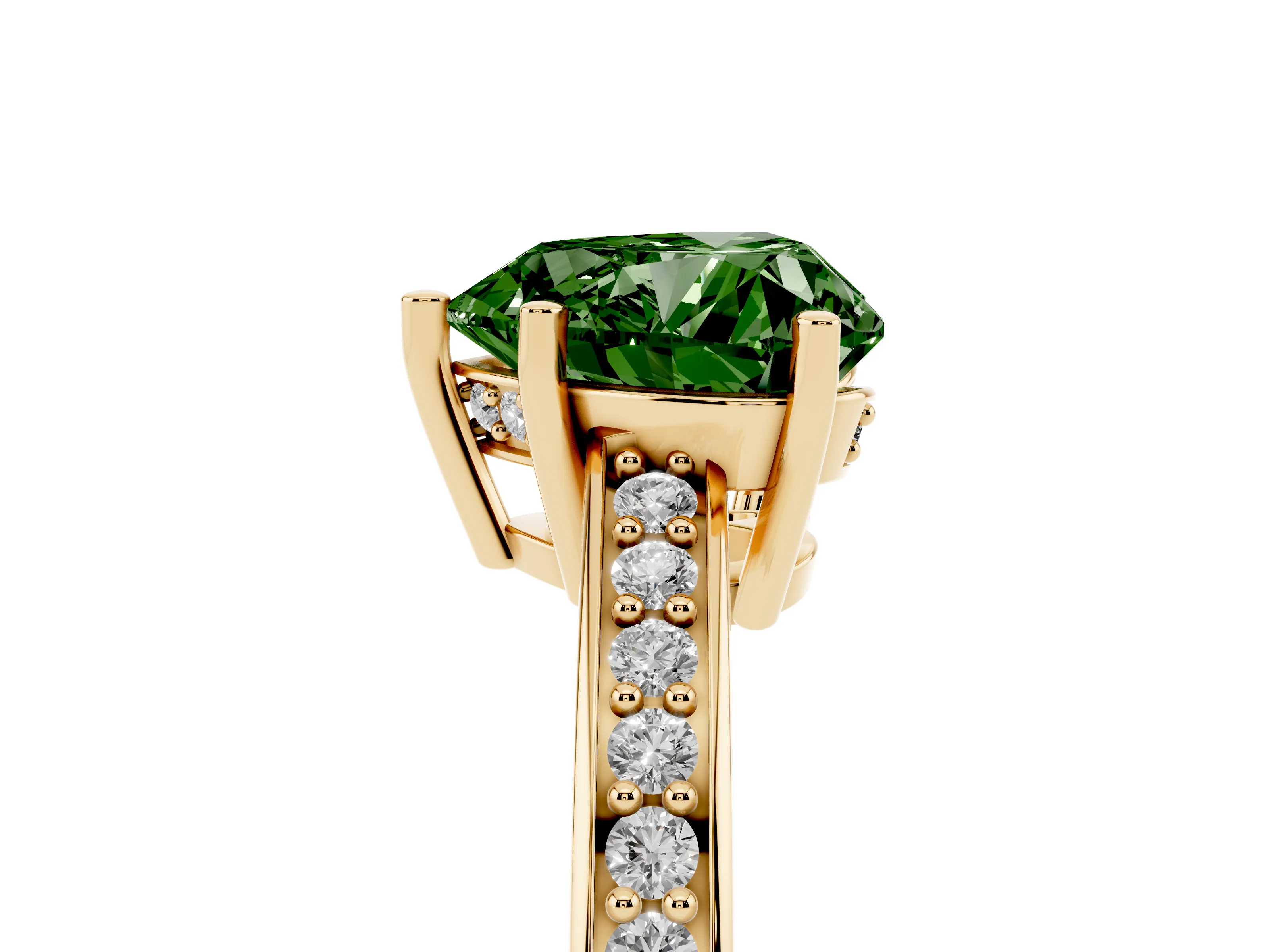 Fancy Green Heart Cut Diamond Pavé Band Prong Set Solitaire Ring Set in Yellow gold