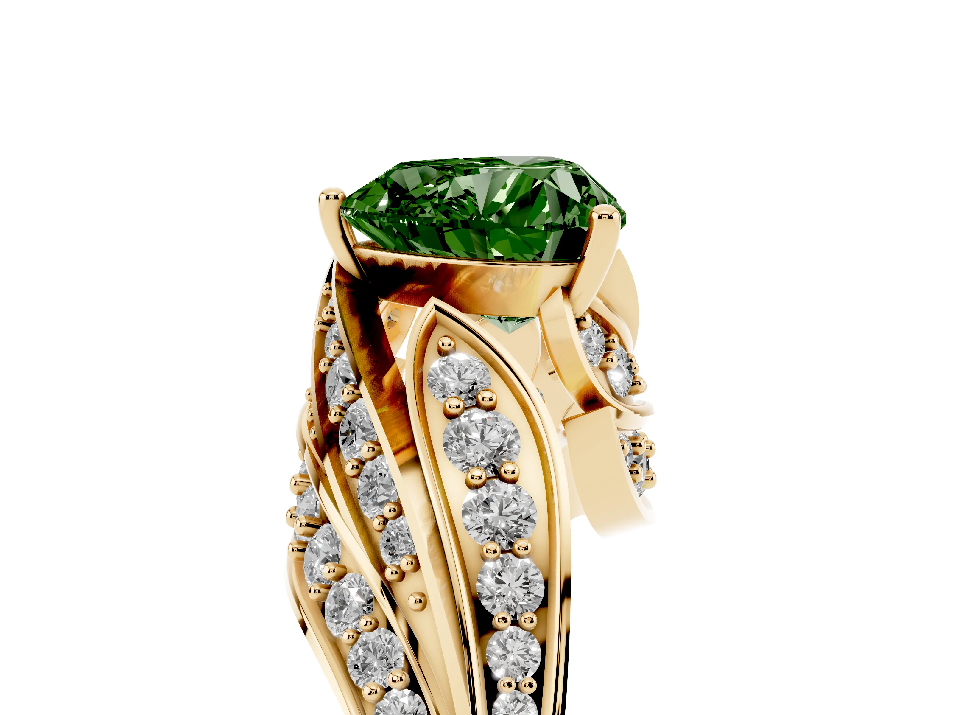 Fancy Green Heart Cut Diamond Solitaire Ring Set in Yellow gold with Layered Twist Pavé Band