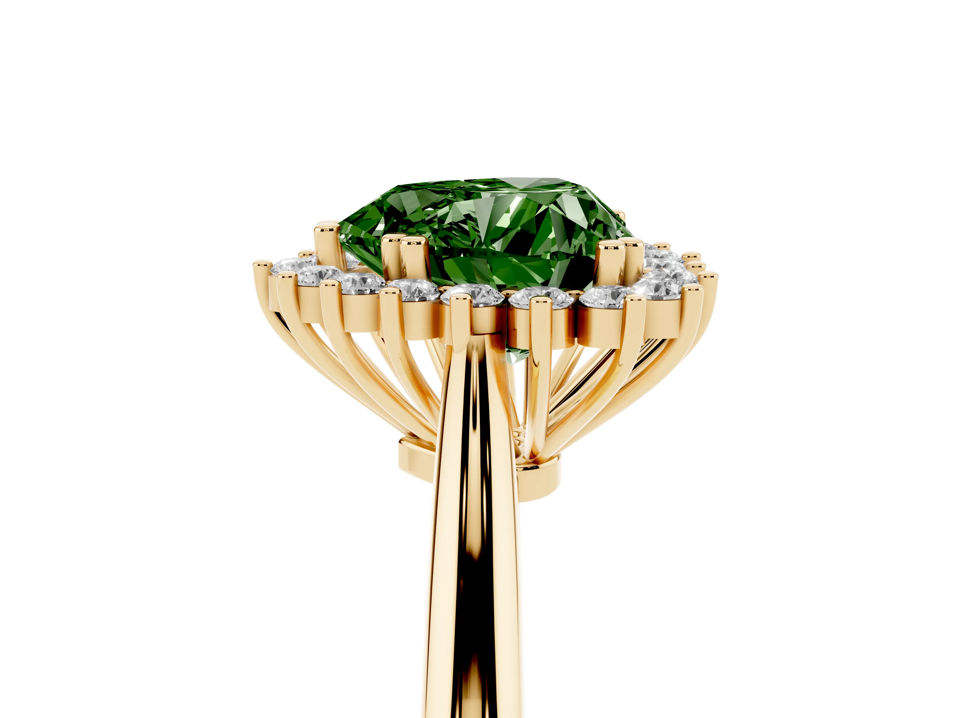 Fancy Green Heart Cut Diamond Halo Ring Set in Yellow gold with Plain Solitaire Band and Prong Setting