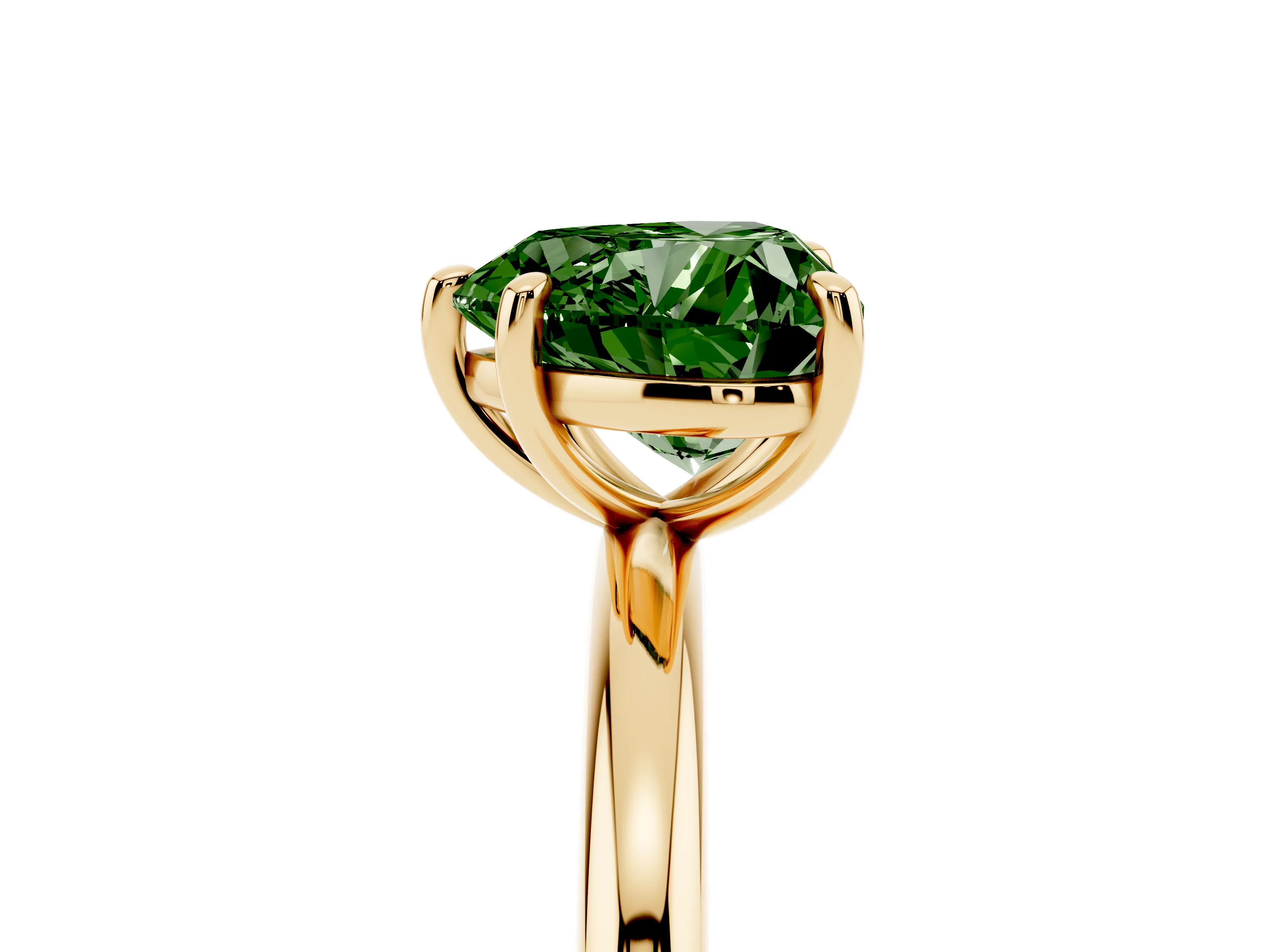 Fancy Green Heart Cut Diamond Solitaire Ring Set in Yellow gold with Prong Setting on a Polished Plain Band