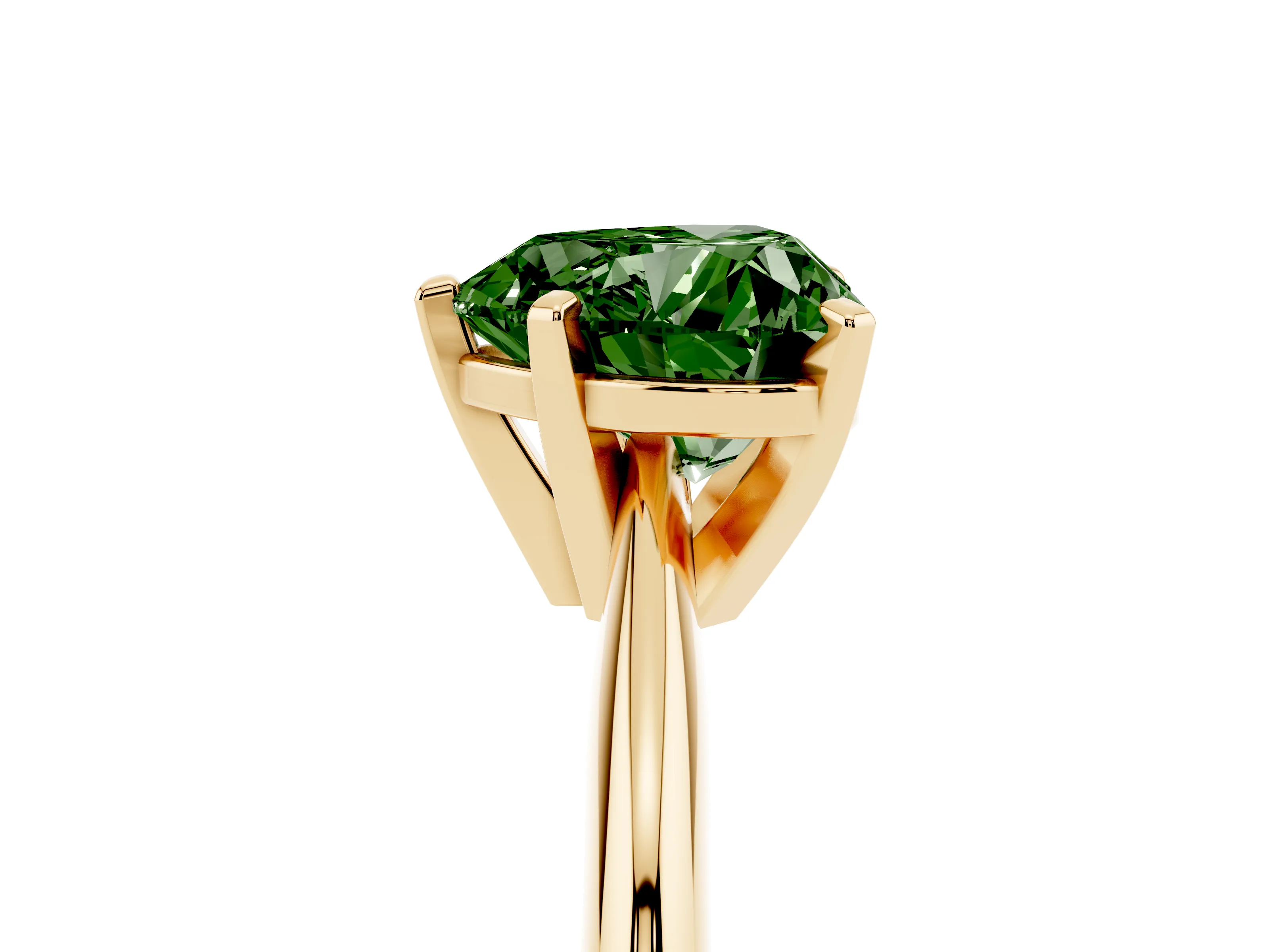 Fancy Green Heart Cut Diamond Solitaire Ring Set in Yellow gold with Prong Setting on a Plain Round Band