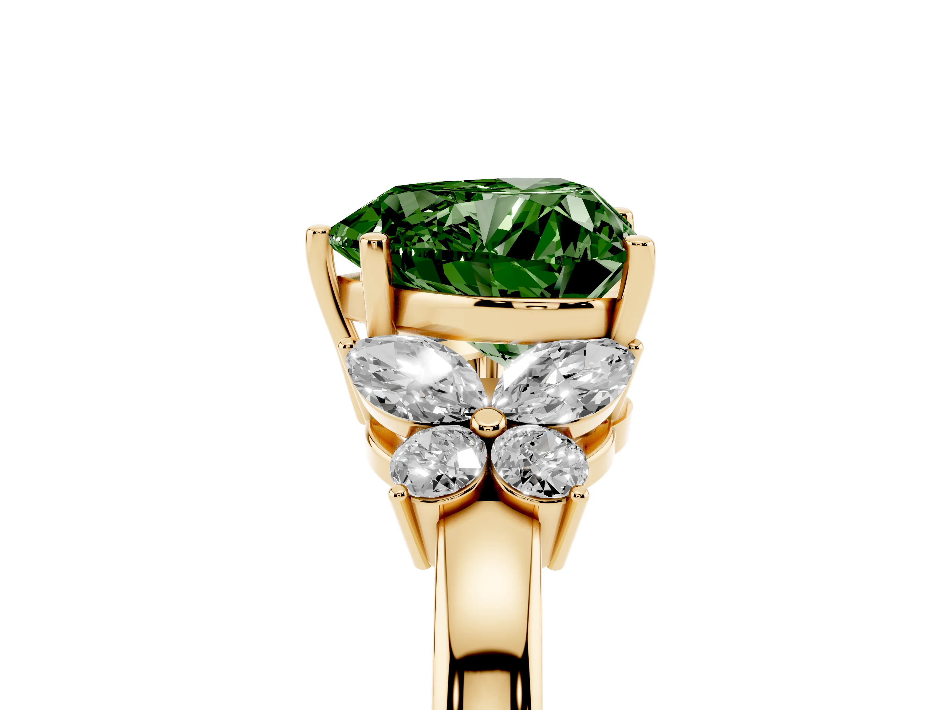 Fancy Green Heart Cut Diamond Solitaire Floral Ring Set in Yellow gold with Marquise Petals and Prong Setting
