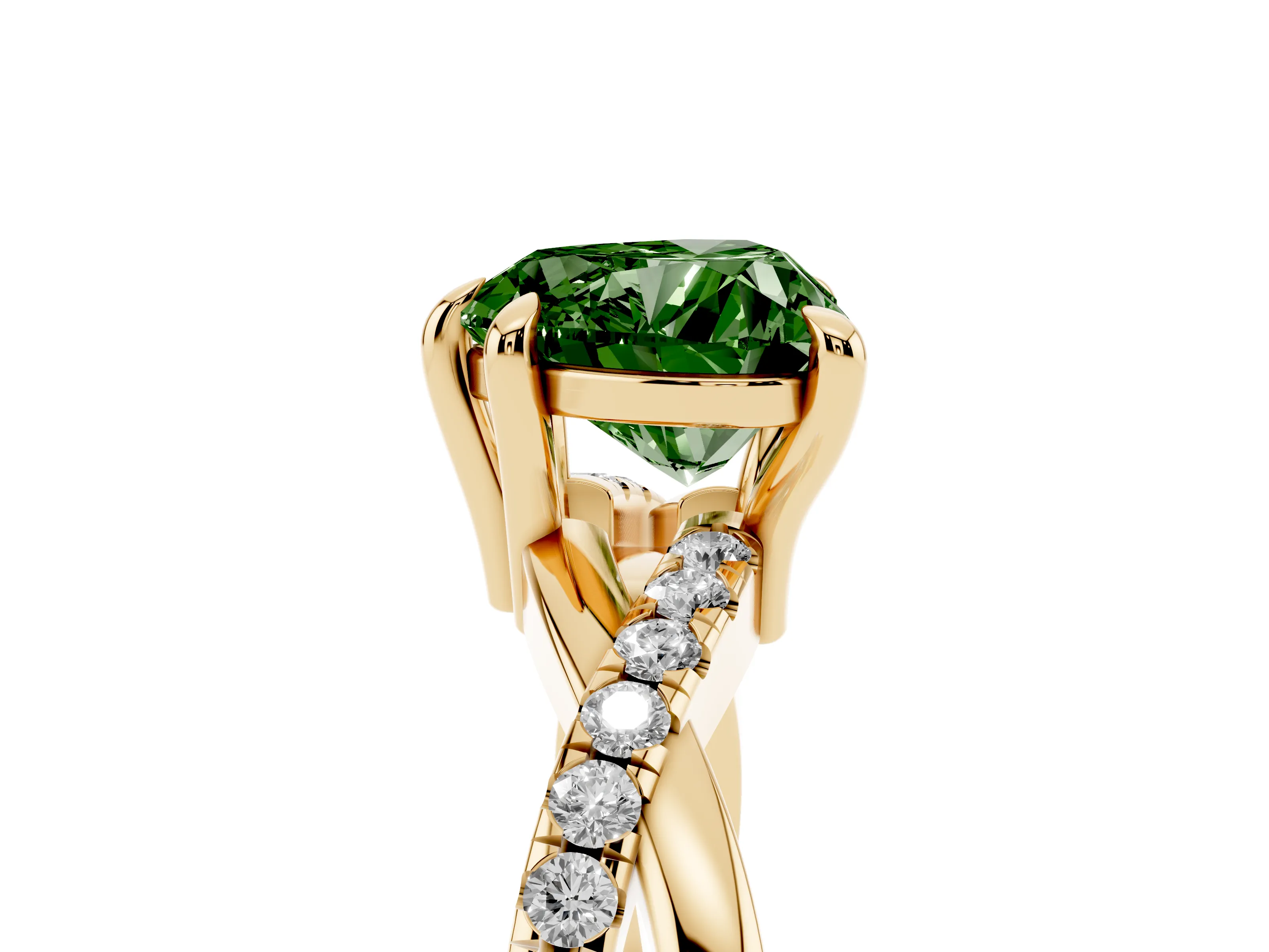 Fancy Green Heart Cut Diamond Twist Band Solitaire Set in Yellow gold with Pavé Accents and Prong Setting