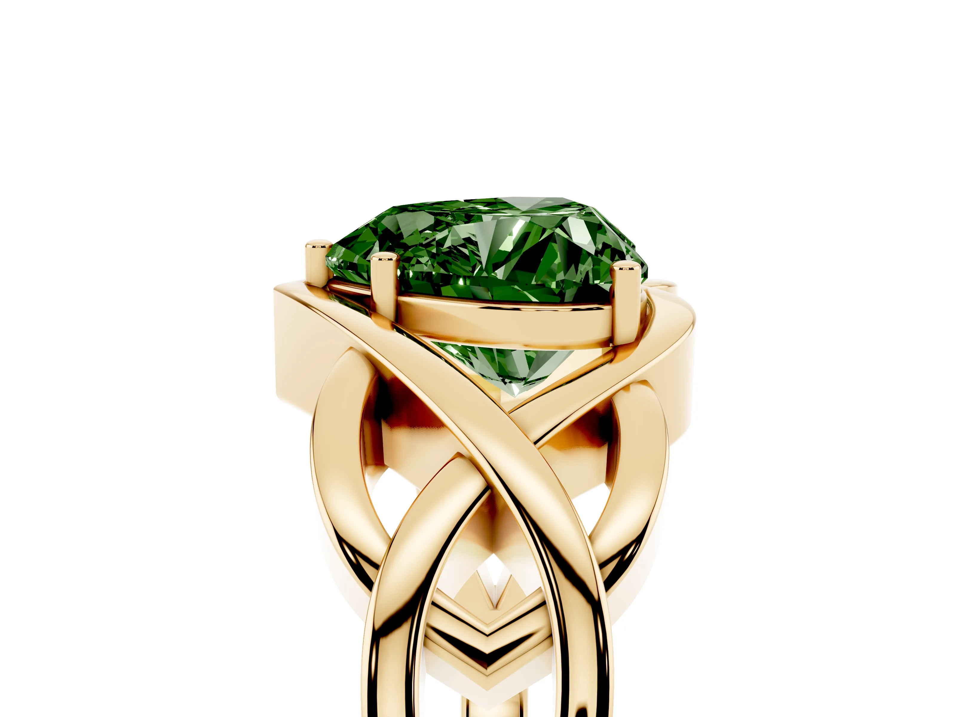 Fancy Green Heart Cut Diamond Solitaire Ring Set in Yellow gold with Intertwined Band