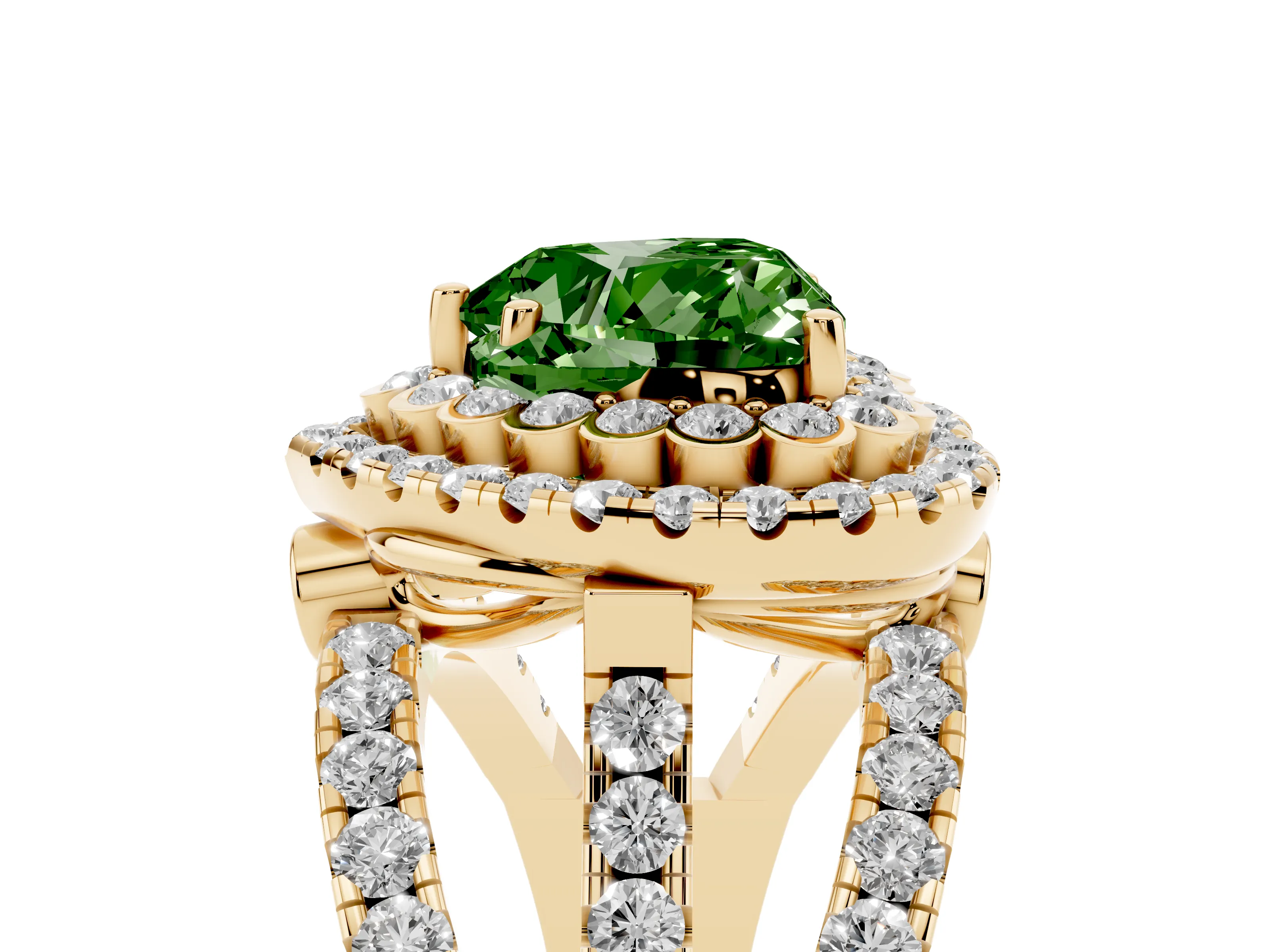 Fancy Green Heart Cut Diamond Double Halo Ring Set in Yellow gold with Round Pavé Split Shank