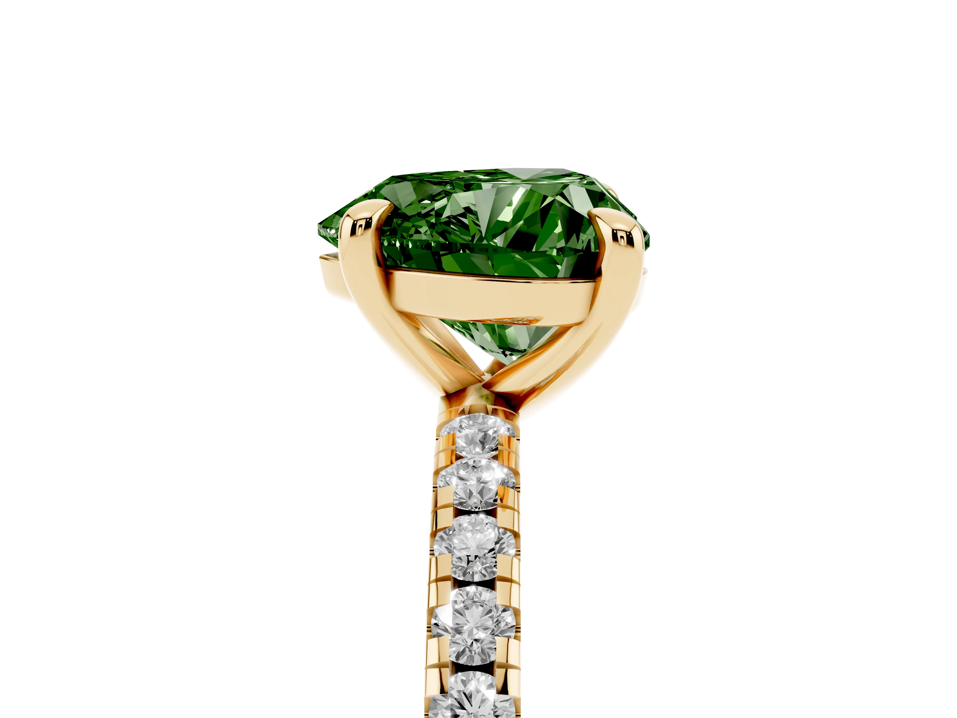 Fancy Green Heart Cut Diamond Brilliant Solitaire Ring Set in Yellow gold with Pavé Band and Prong Setting