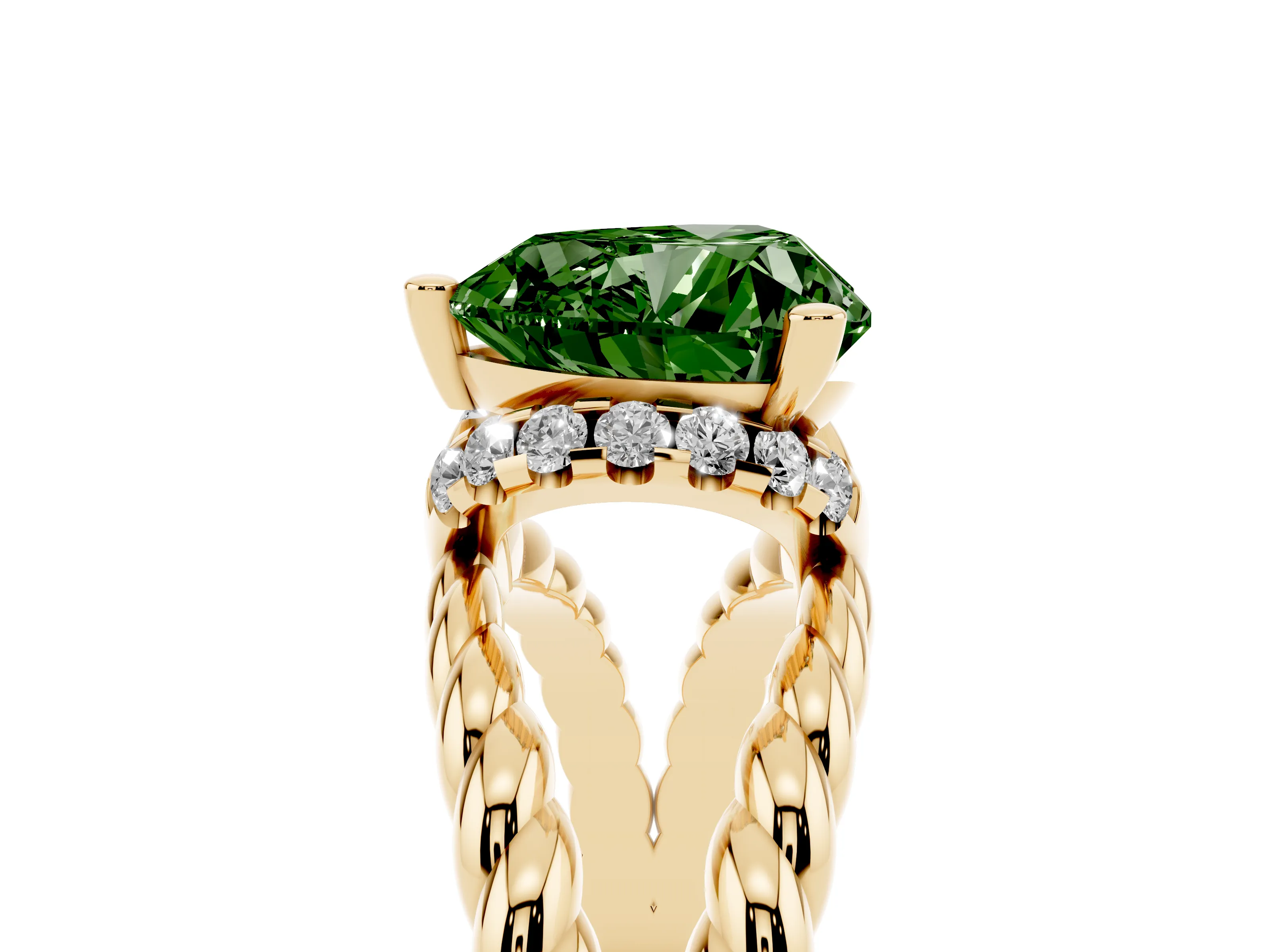 Fancy Green Heart Cut Diamond Halo Ring Set in Yellow gold with Twisted Band and Prong Setting