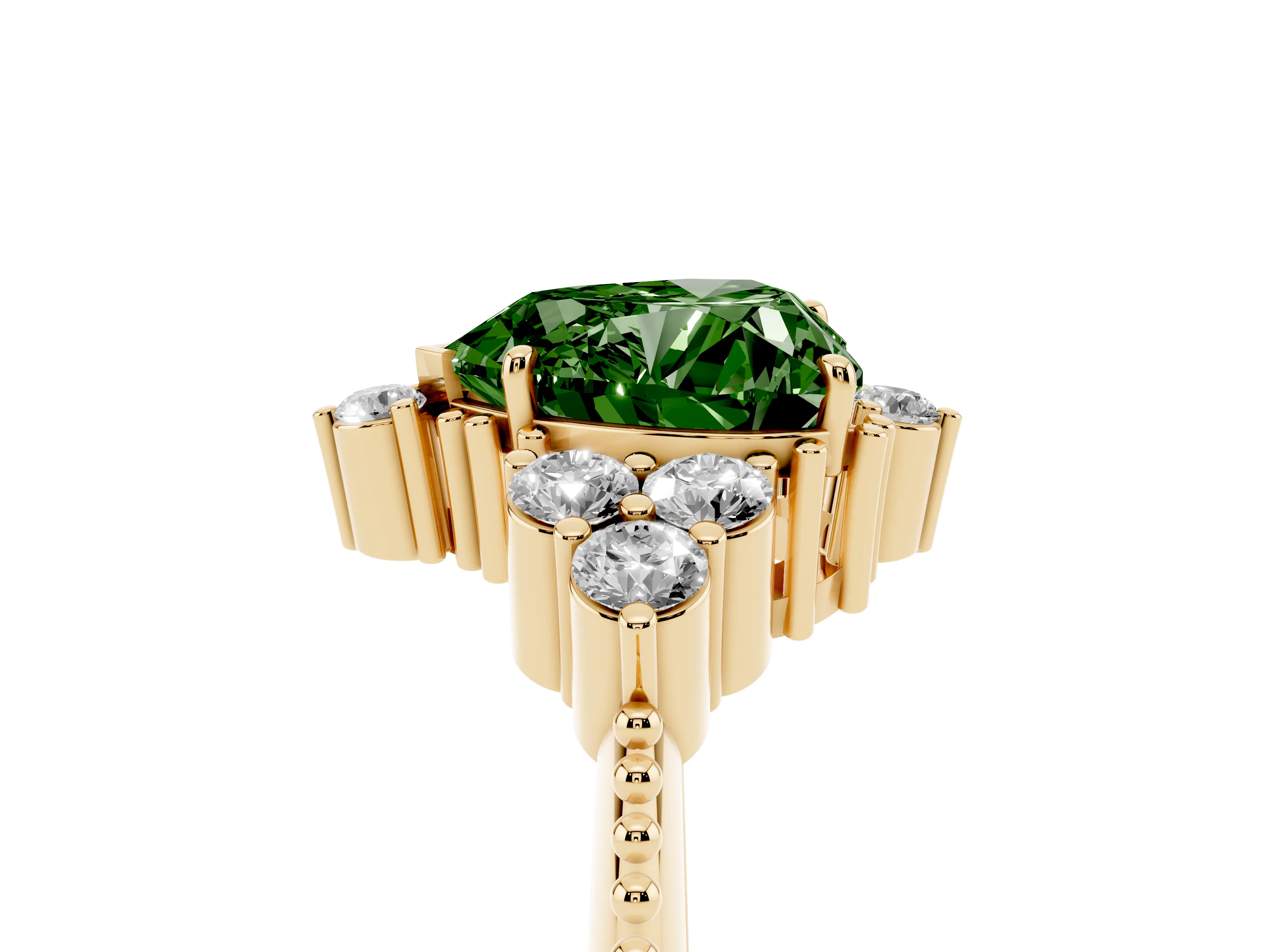 Fancy Green Heart Cut Diamond Cluster Ring Set in Yellow gold with Beaded Band