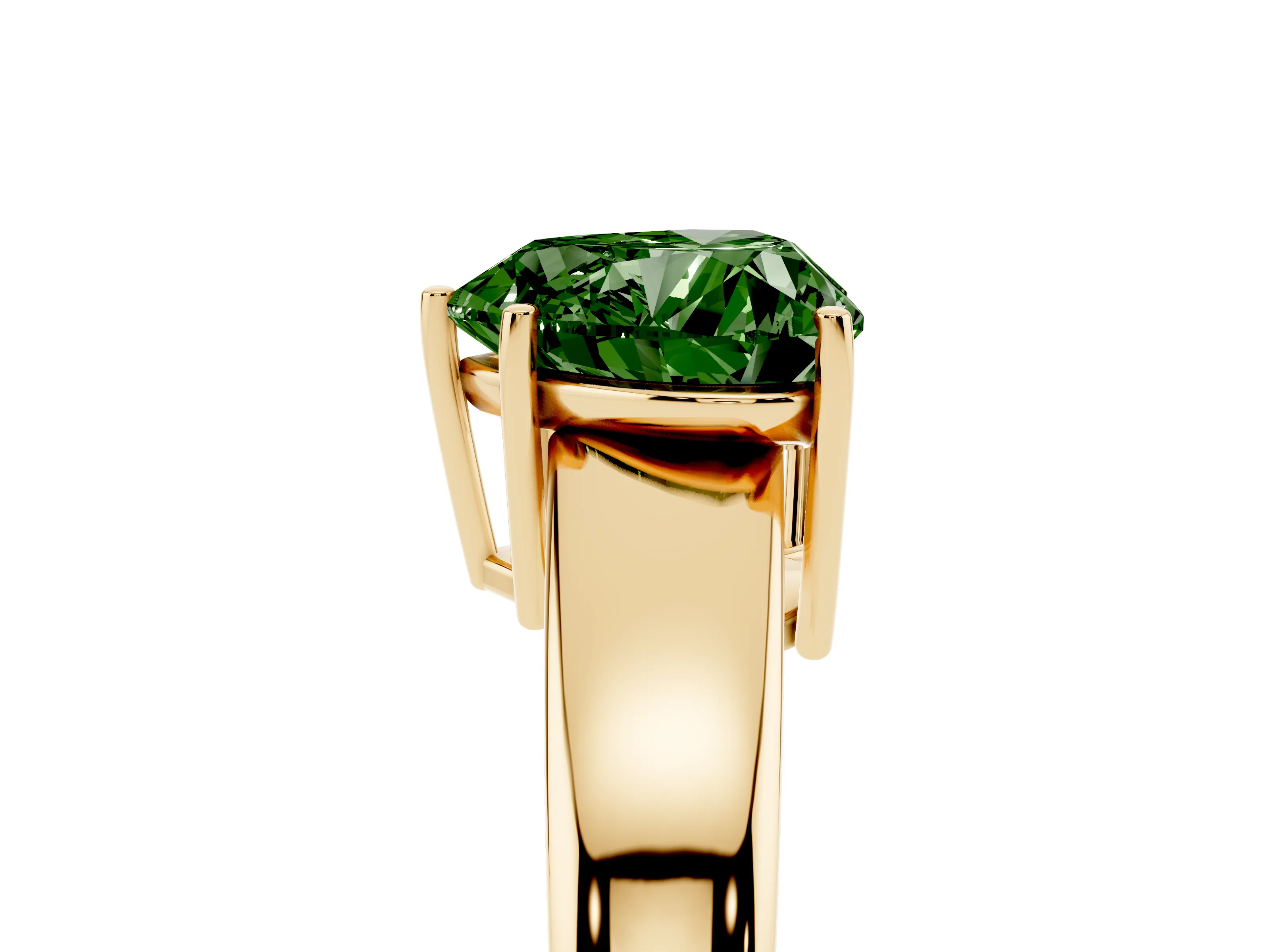 Fancy Green Heart Cut Diamond Solitaire Ring Set in Yellow gold with Tapered Band and Prong Setting