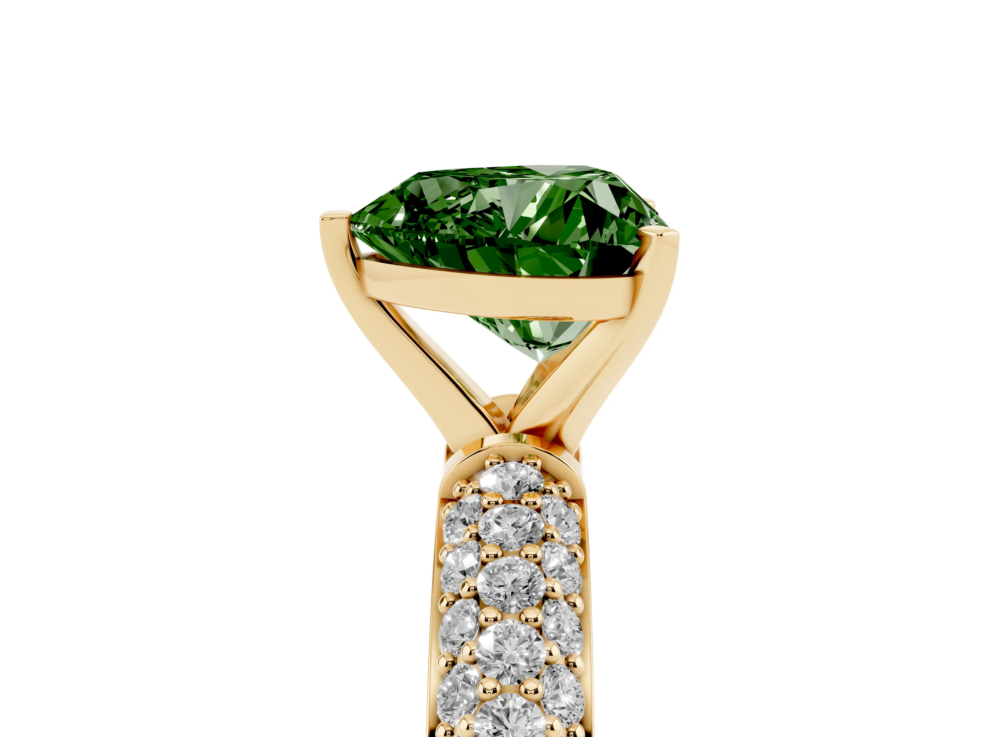 Fancy Green Heart Cut Diamond Solitaire Ring Set in Yellow gold with Prong Setting and Pavé-Set Band