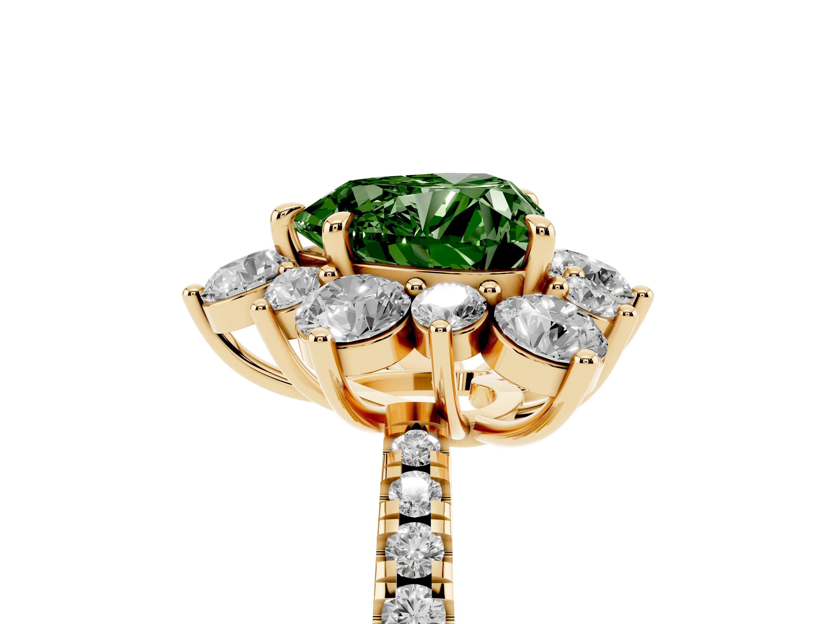 Fancy Green Heart Cut Diamond Floral Halo Ring Set in Yellow gold with Round Pavé Band and Prong Setting