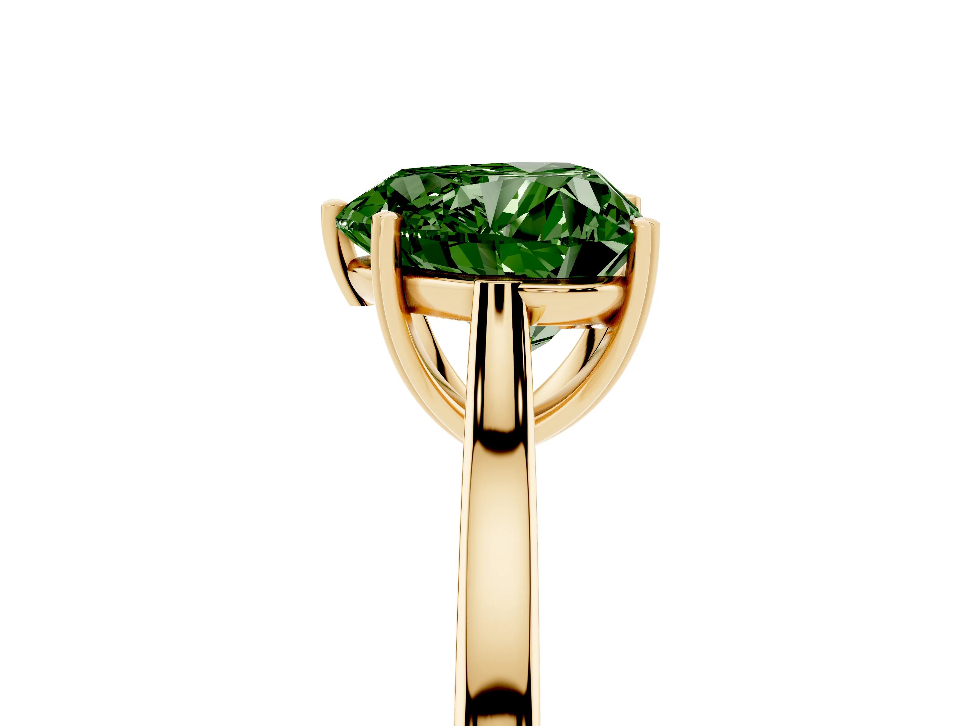 Fancy Green Heart Cut Diamond Solitaire Heart Prong Engagement Ring Set in Yellow gold with Tapered Band