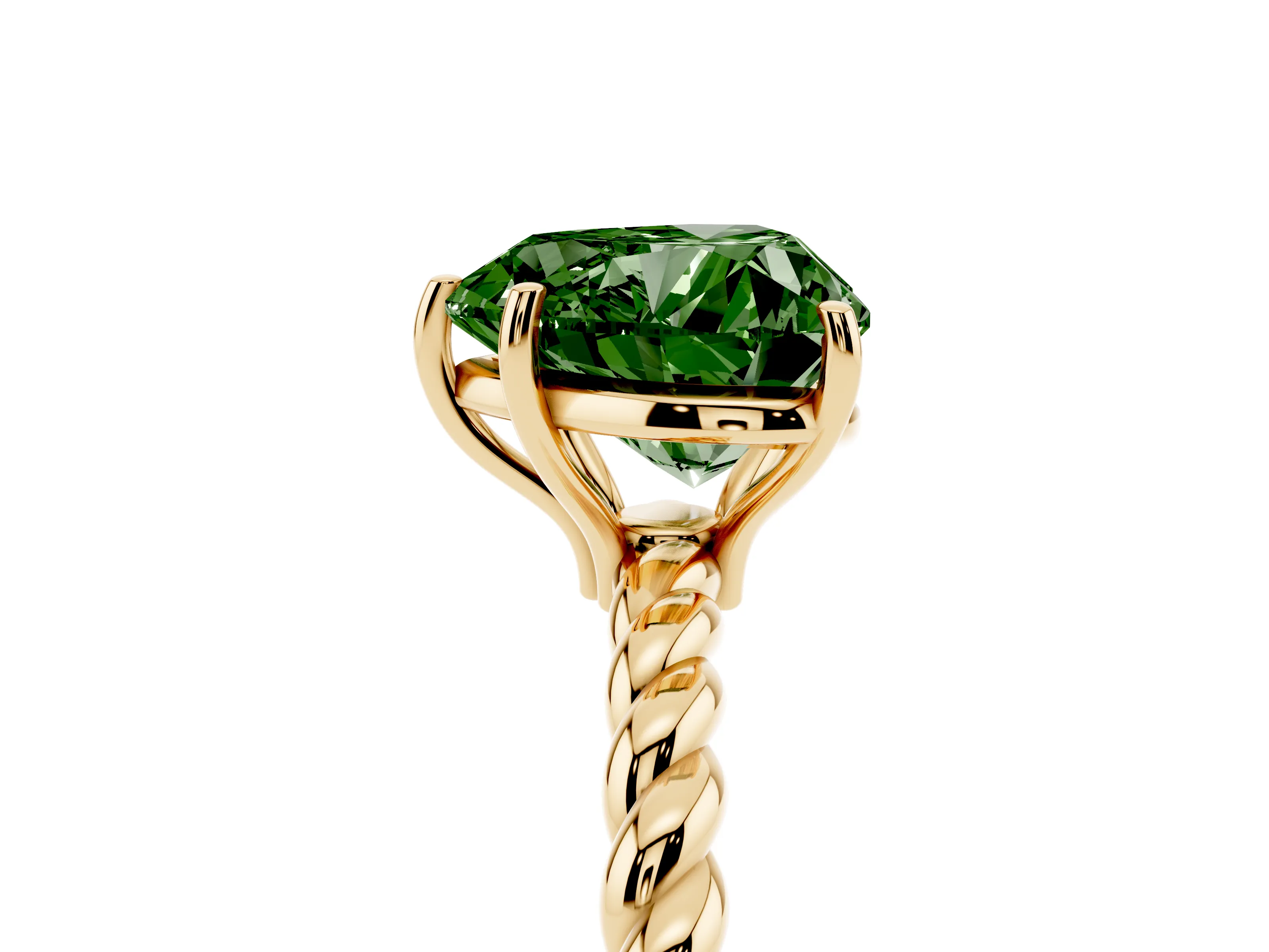Fancy Green Heart Cut Diamond Solitaire Ring Set in Yellow gold with Twist Band and Prong Setting