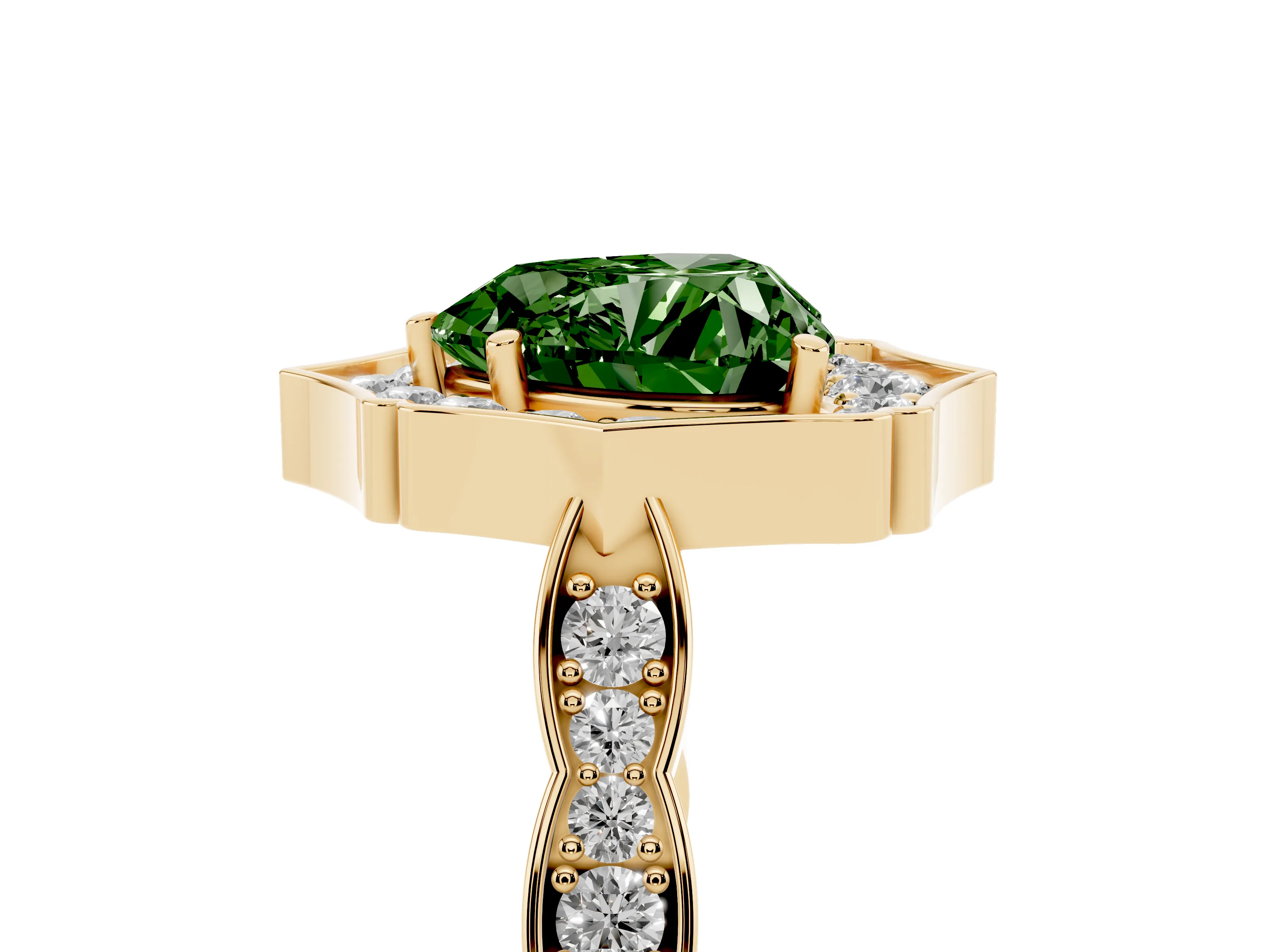 Fancy Green Heart Cut Diamond Halo Engagement Ring Set in Yellow gold with Milgrain Band and Prong Setting