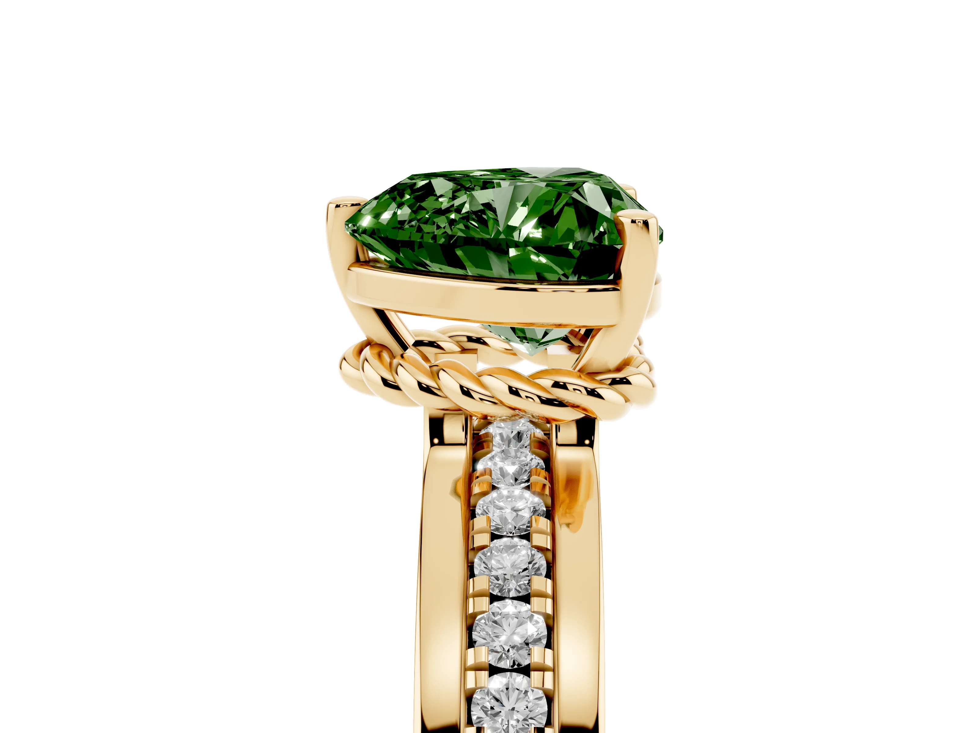 Fancy Green Heart Cut Diamond Solitaire Ring Set in Yellow gold with Channel Set Band and Prong Setting