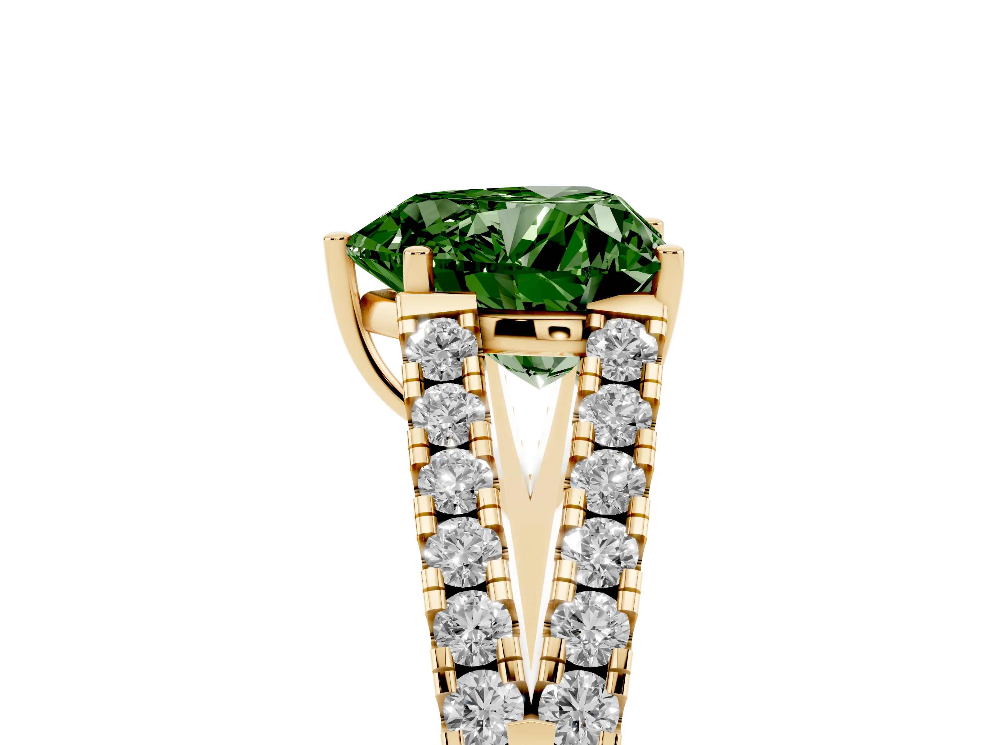 Fancy Green Heart Cut Diamond Split Shank Pavé Engagement Ring Set in Yellow gold with Prong-Held Center Stone