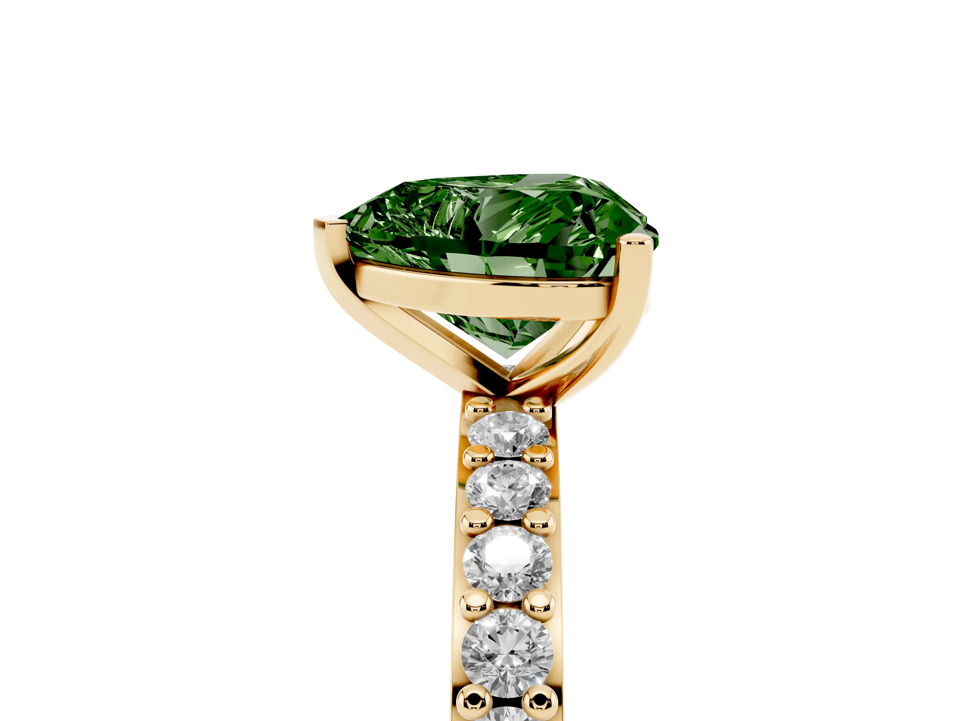 Fancy Green Heart Cut Diamond Solitaire Set in Yellow gold with Round Pavé Band and Prong Setting