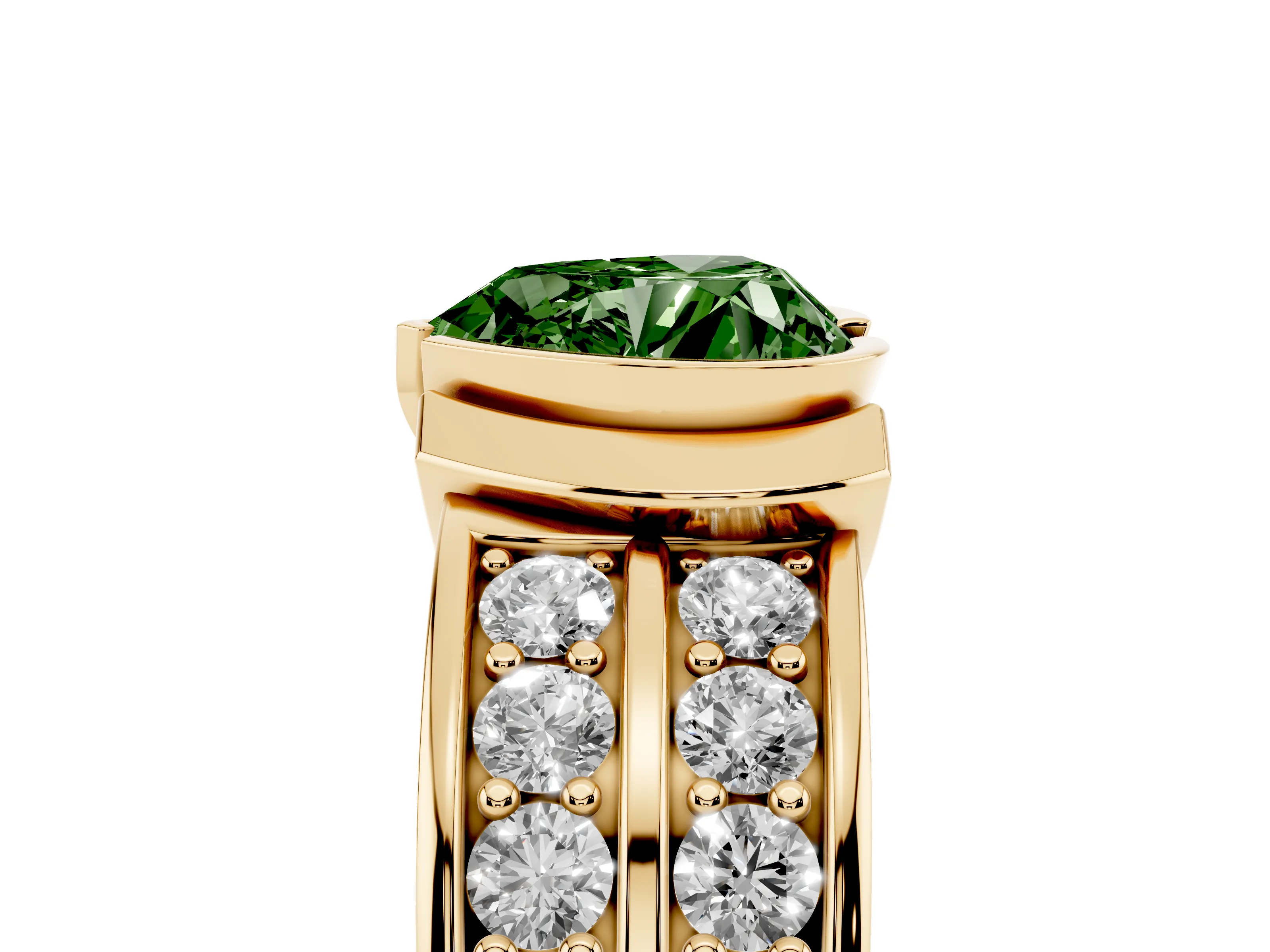 Fancy Green Heart Cut Diamond Wide Channel Set Band Ring Set in Yellow gold with Bezel Setting