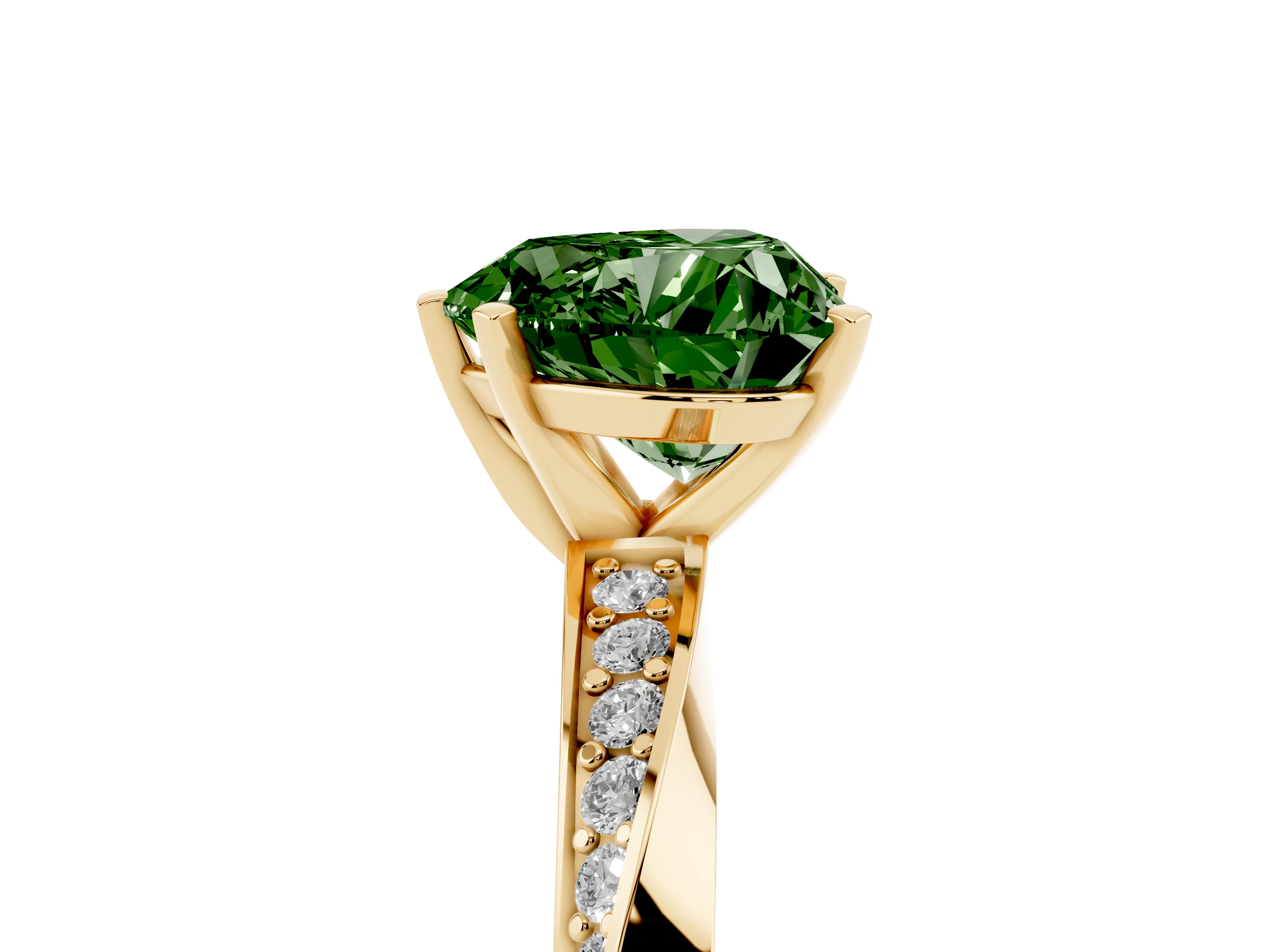 Fancy Green Heart Cut Diamond Engagement Ring Set in Yellow gold with Side Stone Accents and Prong Setting