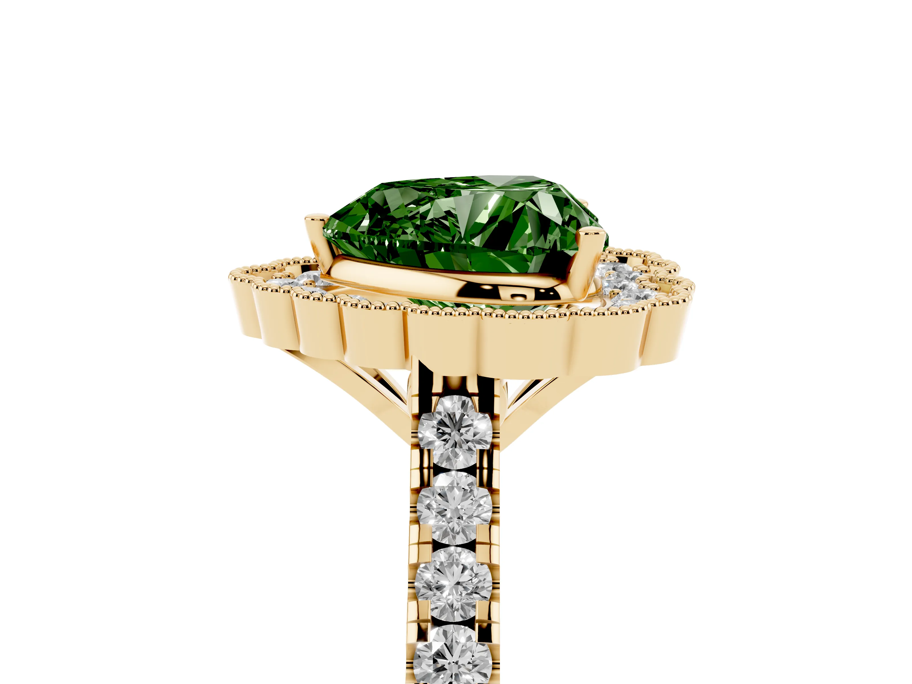 Fancy Green Heart Cut Diamond Milgrain Floral Halo Engagement Ring Set in Yellow gold with Pavé Band