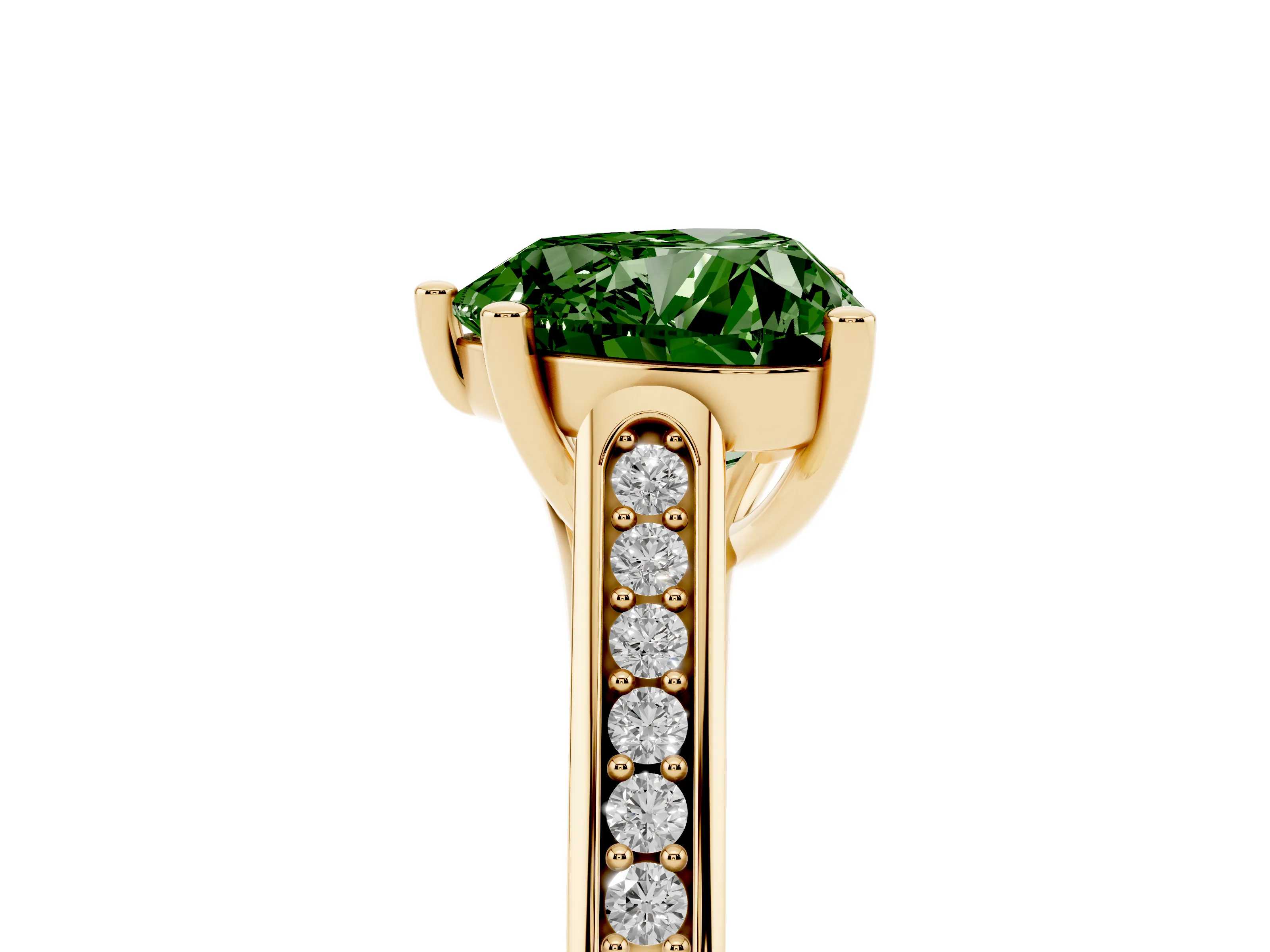 Fancy Green Heart Cut Diamond Solitaire Cathedral Engagement Ring Set in Yellow gold with Channel-Set Band and Prong Setting