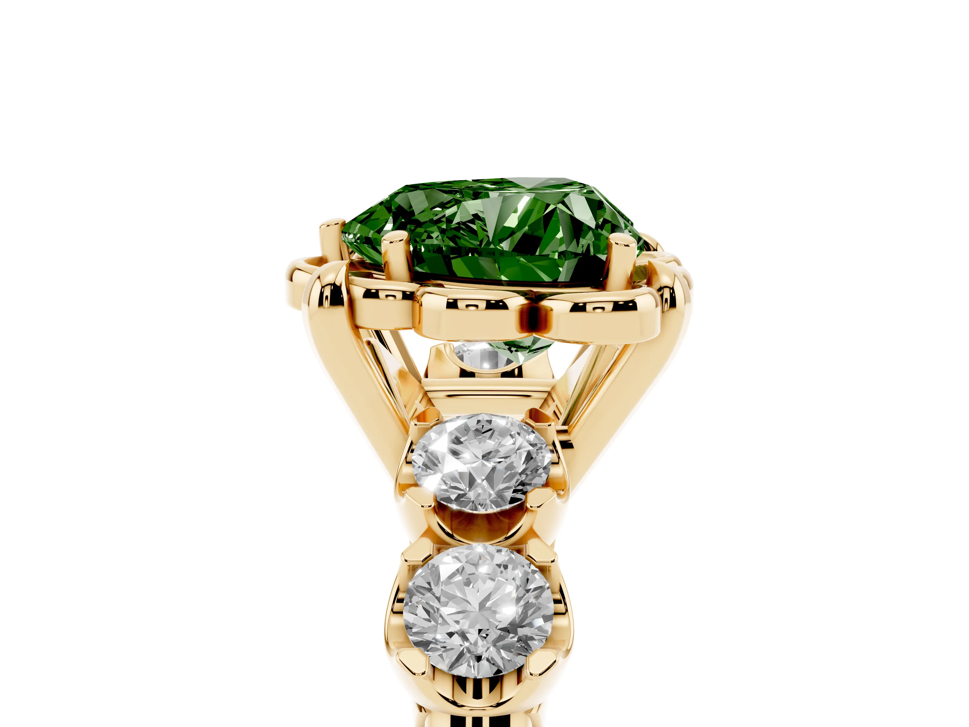 Fancy Green Heart Cut Diamond Floral Halo Ring Set in Yellow gold with Shared Prong Band