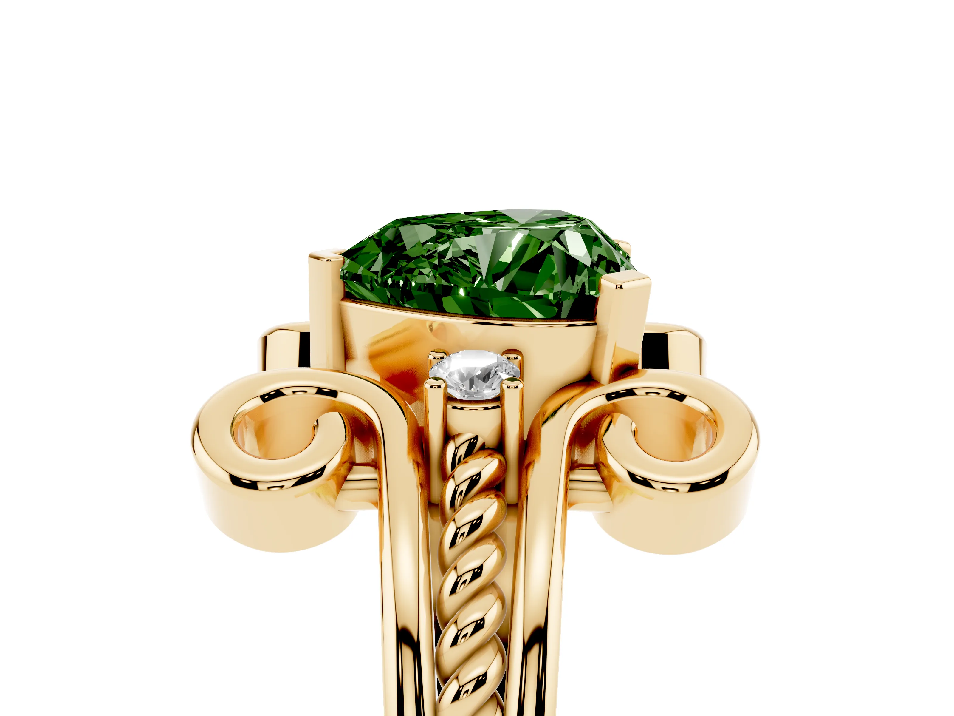 Fancy Green Heart Cut Diamond Twisted Band Solitaire Ring Set in Yellow gold with Scroll Prongs