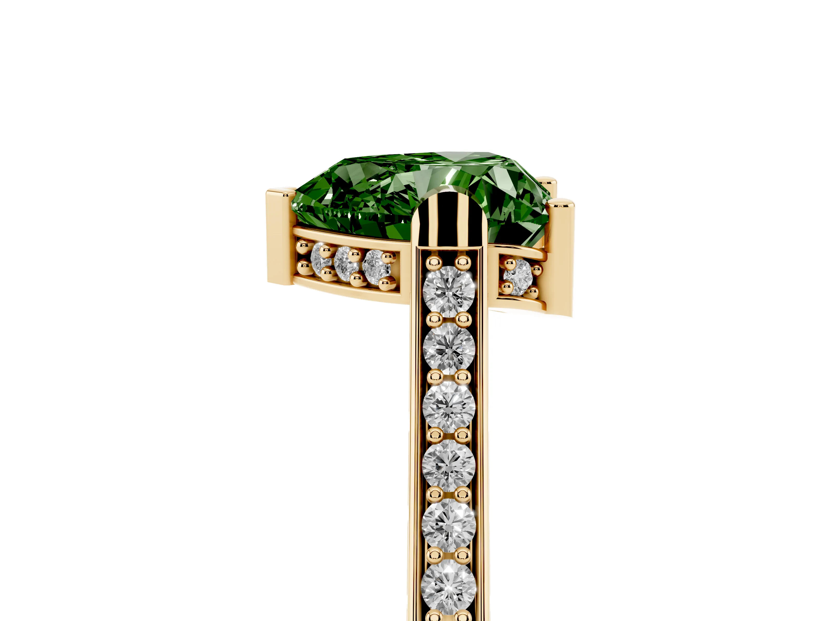 Fancy Green Heart Cut Diamond Solitaire Ring Set in Yellow gold with Channel Set Band and Bezel Prong Setting