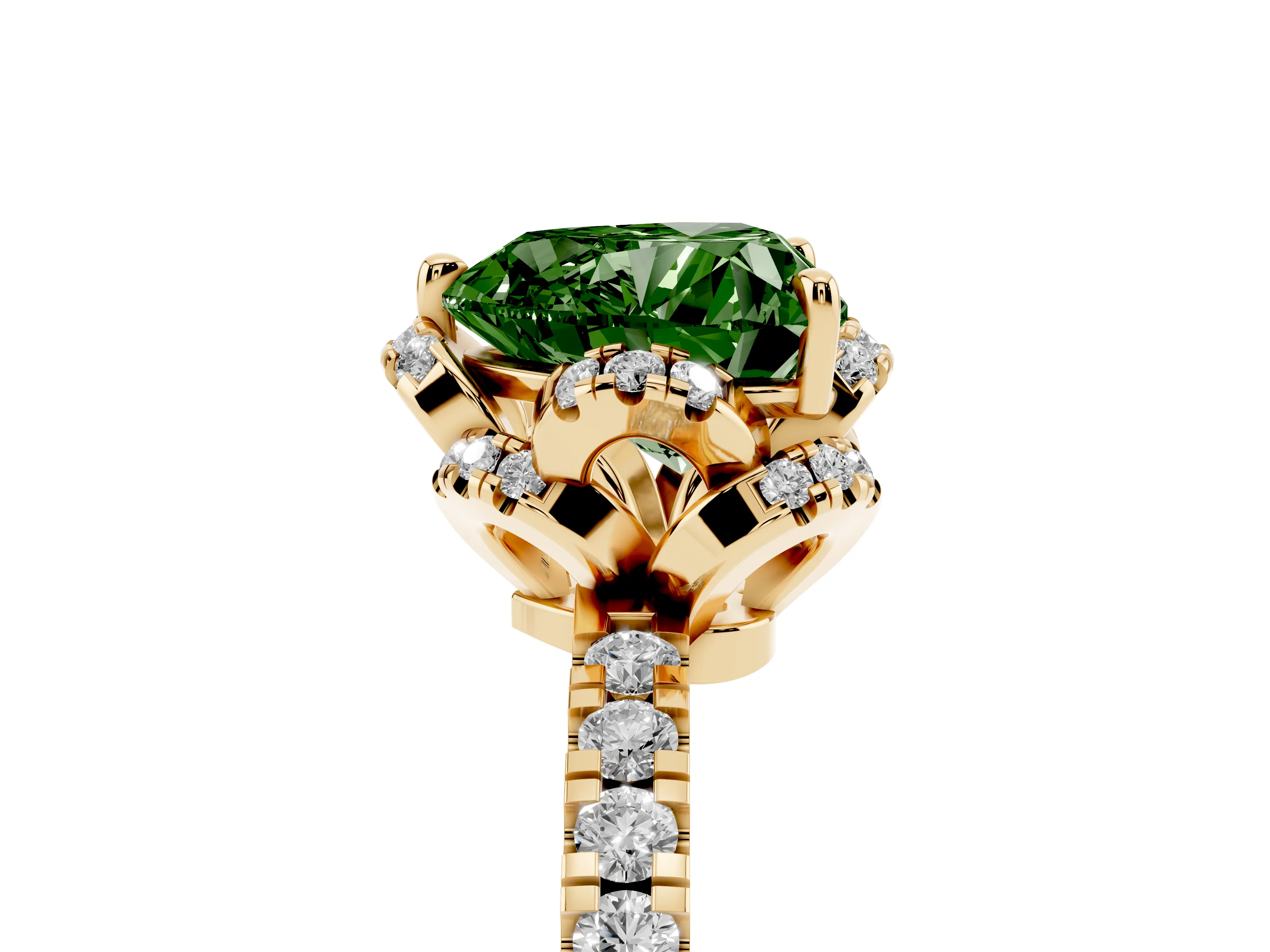 Fancy Green Heart Cut Diamond Halo Pavé Band Ring Set in Yellow gold with Prong-Held Center