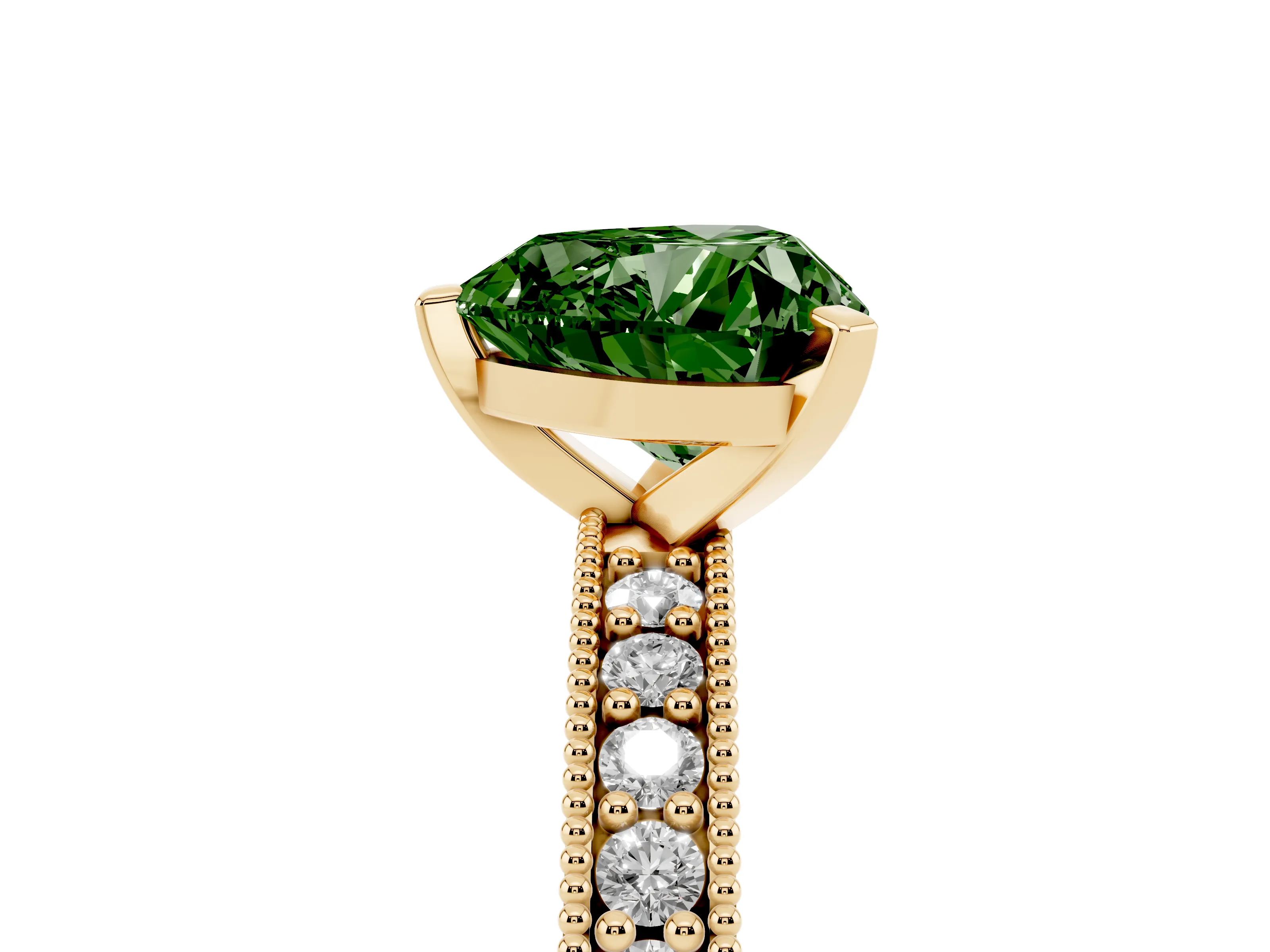 Fancy Green Heart Cut Diamond Milgrain Pavé Engagement Ring Set in Yellow gold with Prong Setting