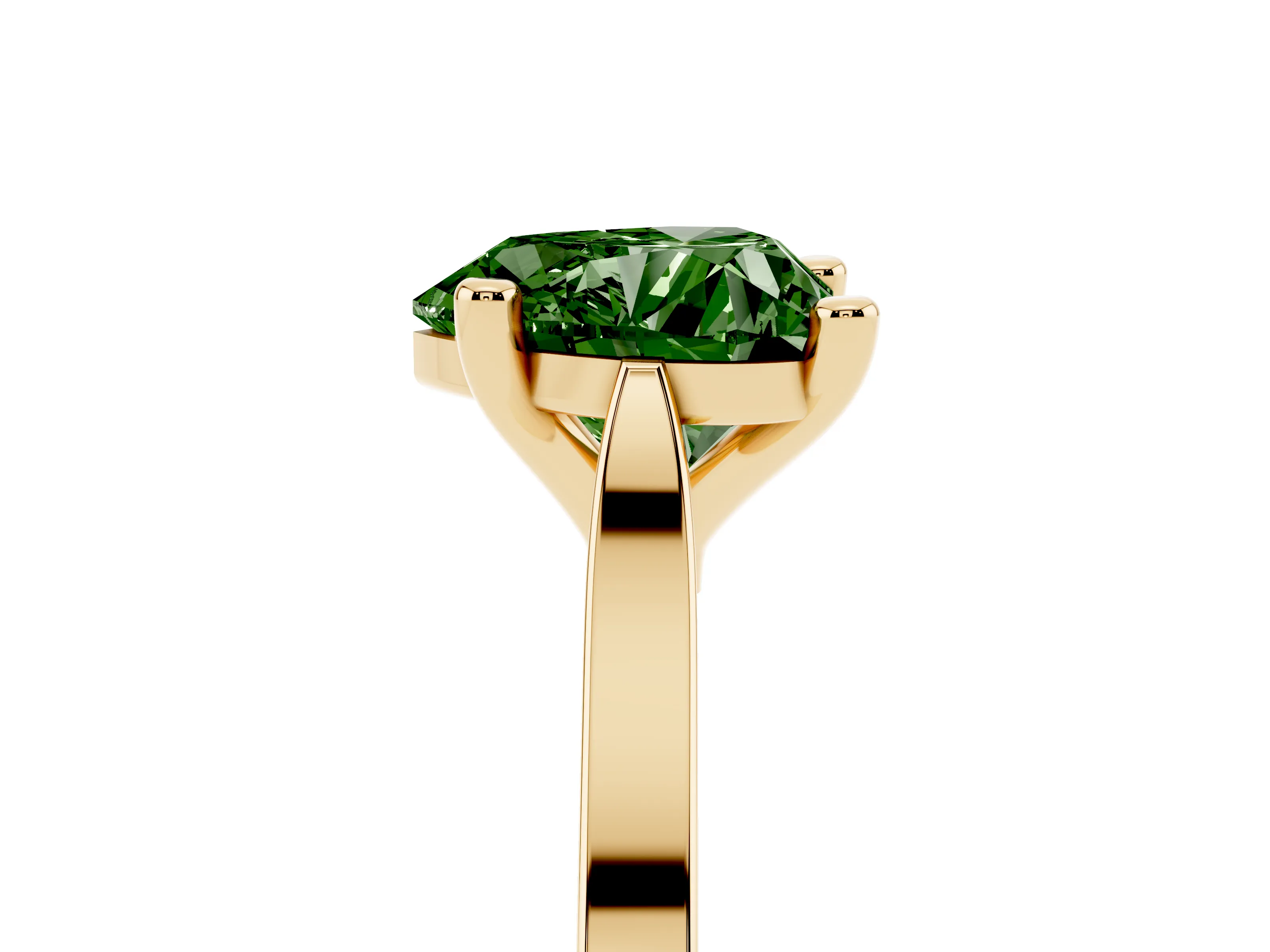 Fancy Green Heart Cut Diamond Solitaire Ring Set in Yellow gold with Prong Setting and Tapered Band