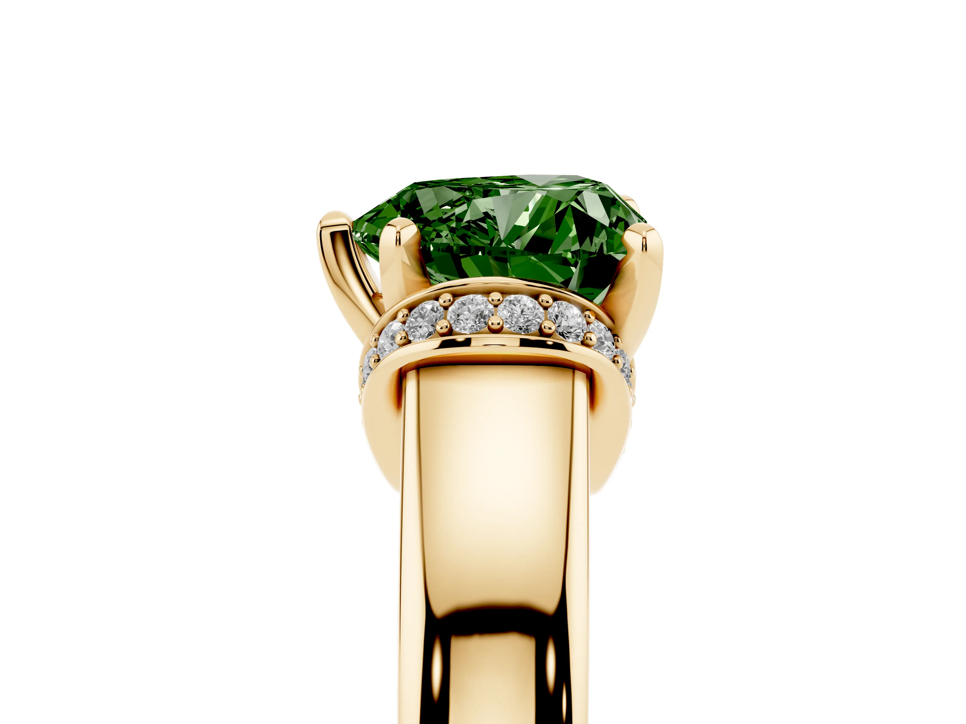 Fancy Green Heart Cut Diamond Pavé Band Solitaire Ring Set in Yellow gold with Prong Setting
