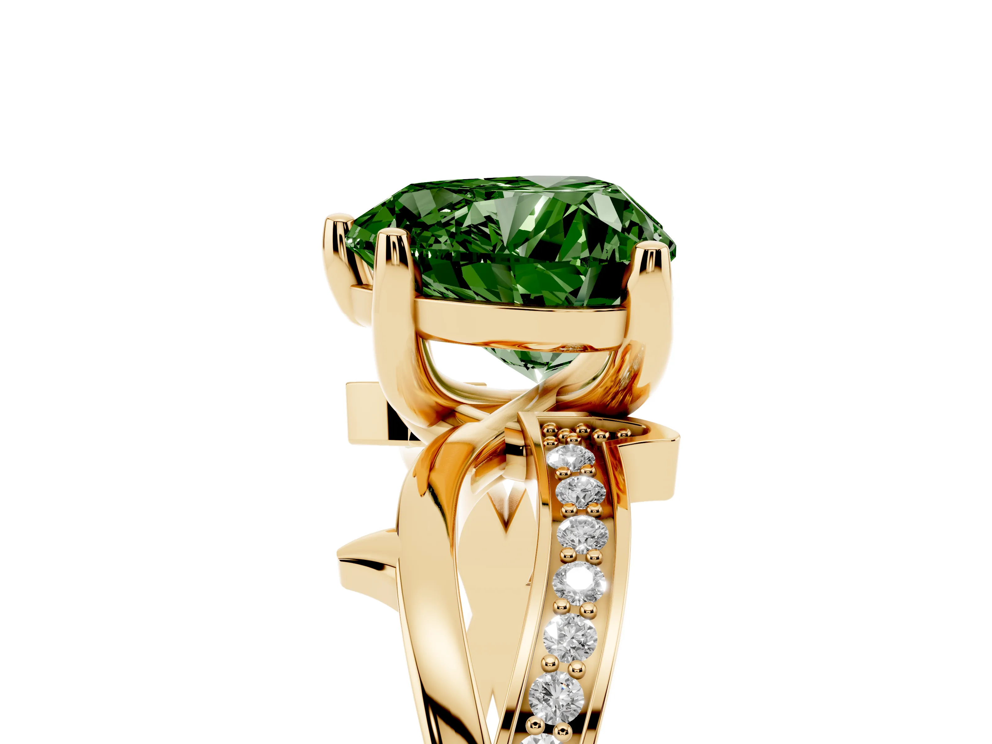 Fancy Green Heart Cut Diamond Pavé Twist Band Solitaire Ring Set in Yellow gold with Prong Setting