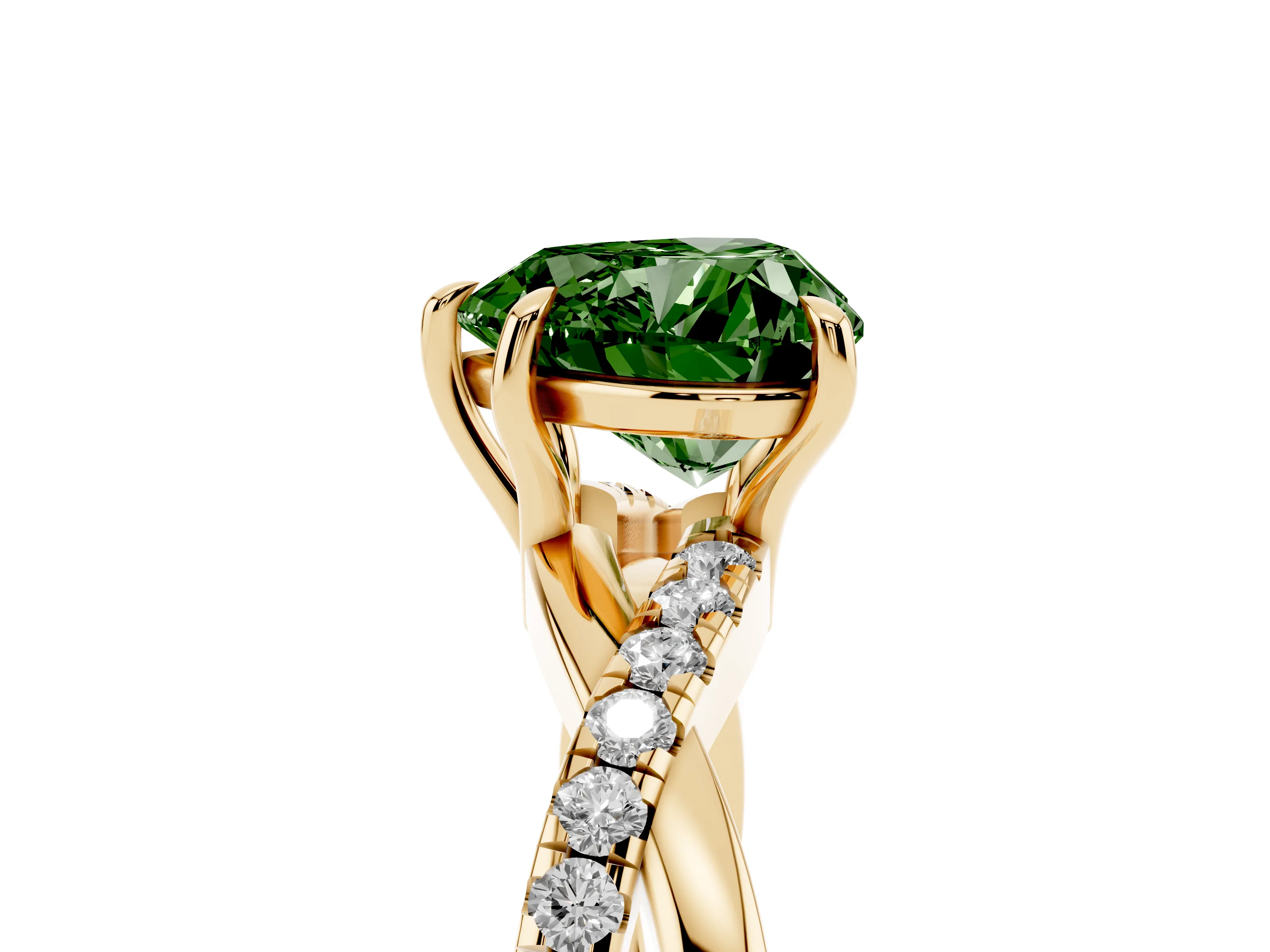 Fancy Green Heart Cut Diamond Twisted Pavé Band Ring Set in Yellow gold with Prong Setting