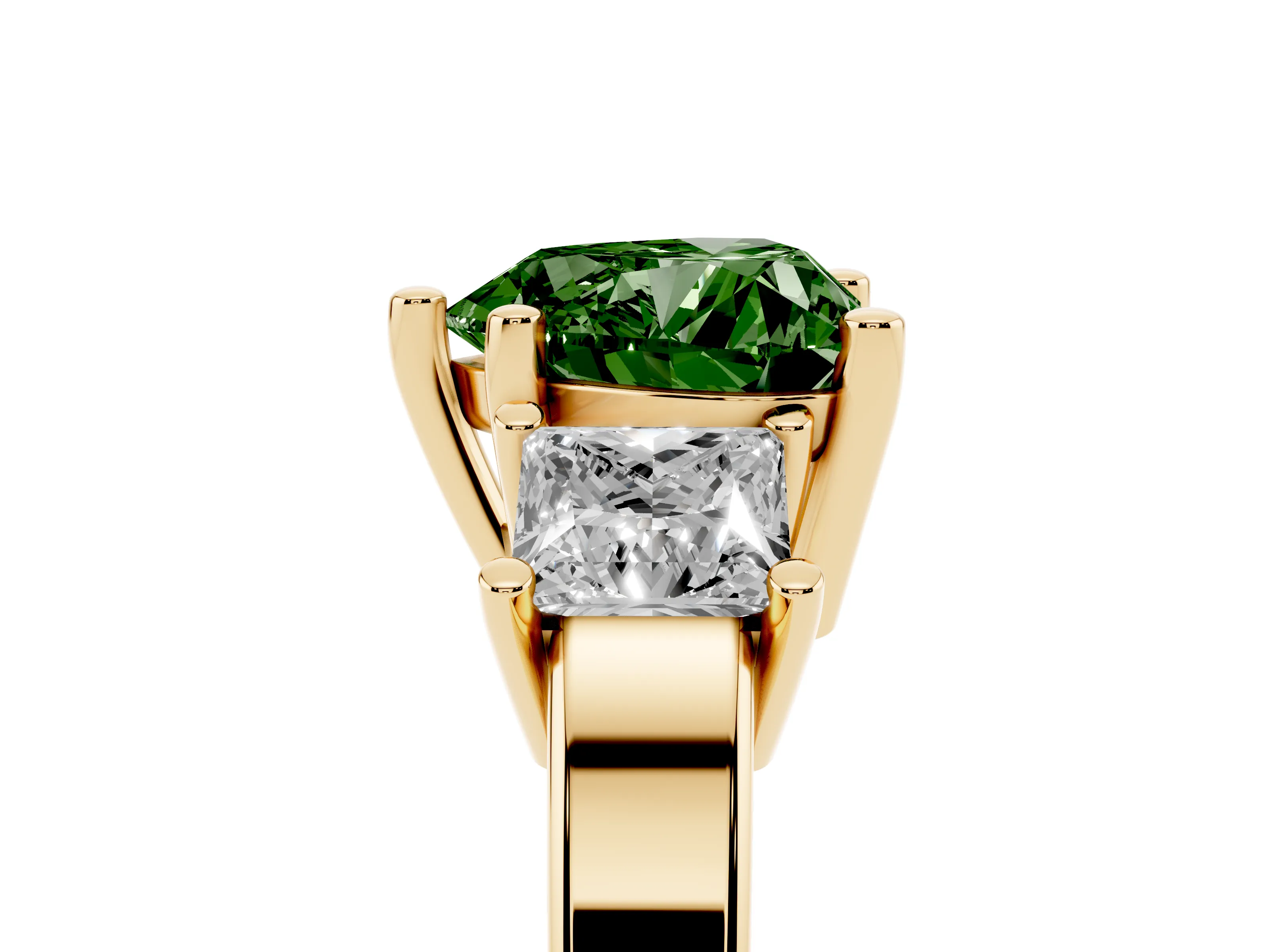 Fancy Green Three-Stone Heart Cut Diamond Solitaire Ring Set in Yellow gold with Prong Setting