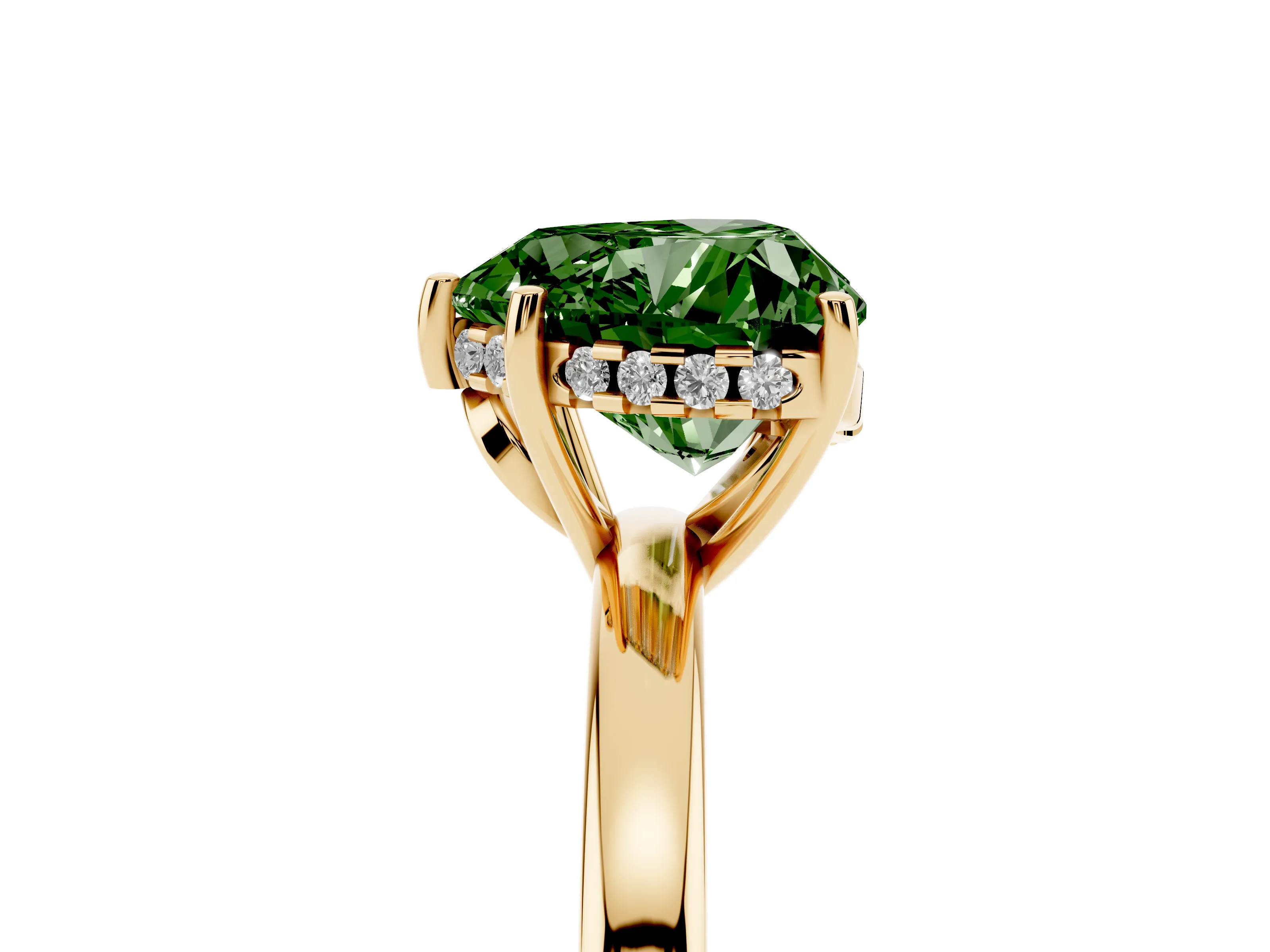 Fancy Green Heart Cut Diamond Solitaire Ring Set in Yellow gold with Plain Band and Prong Setting