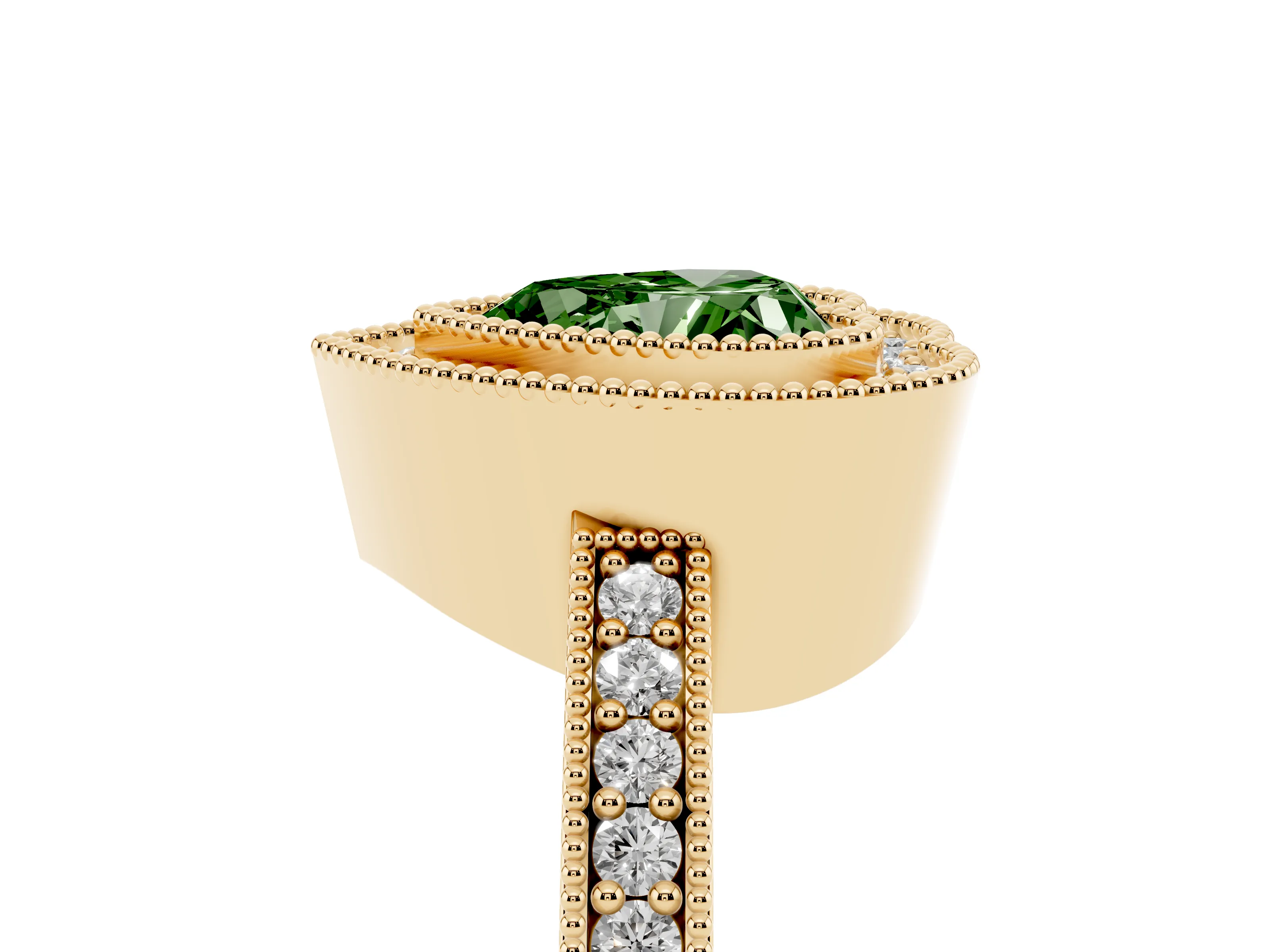 Fancy Green Heart Cut Diamond Halo Engagement Ring Set in Yellow gold with Pavé Band and Round Halo Stones