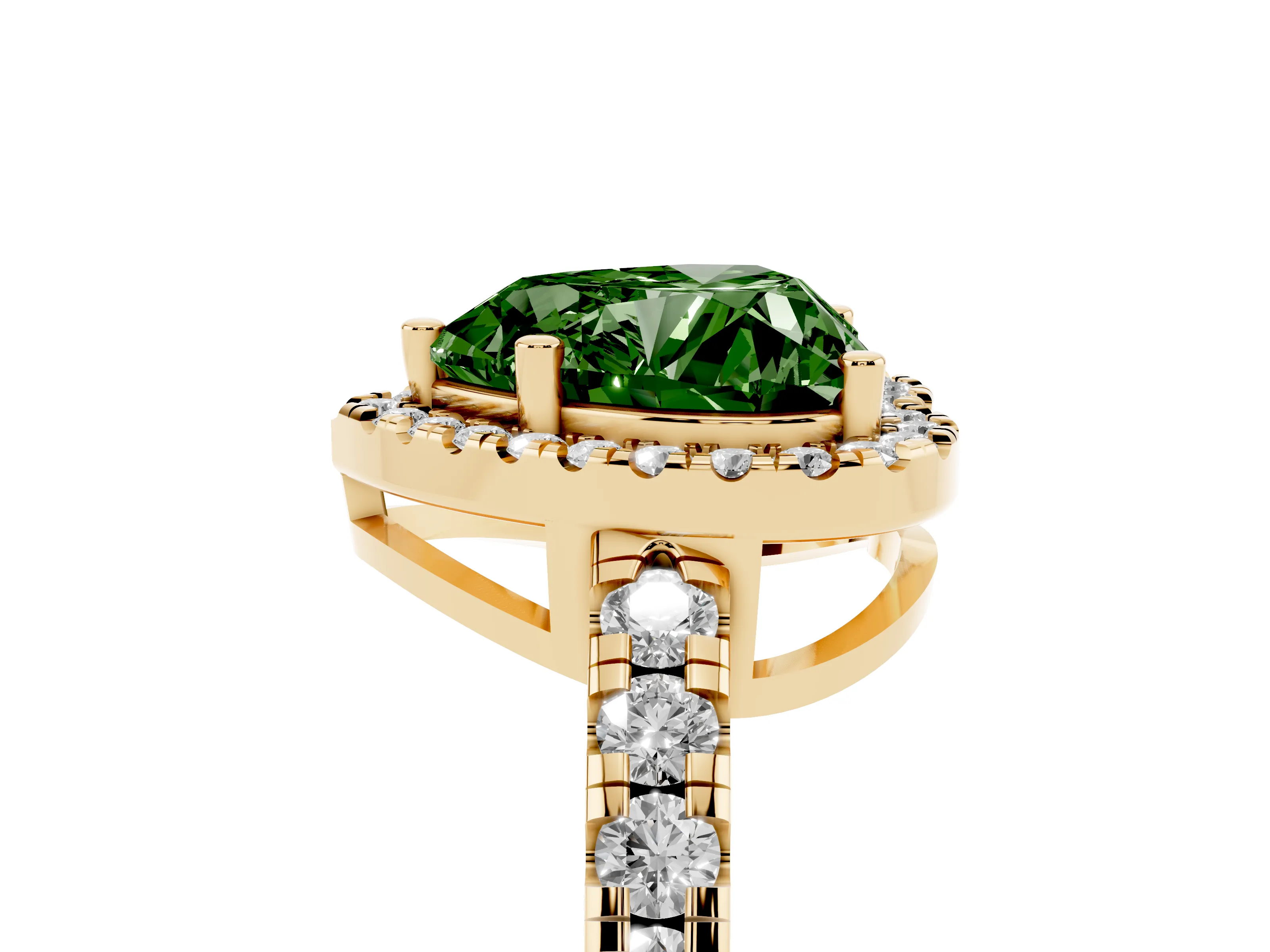 Fancy Green Heart Cut Diamond Halo Ring Set in Yellow gold with Delicate Pavé Band and Prong Setting