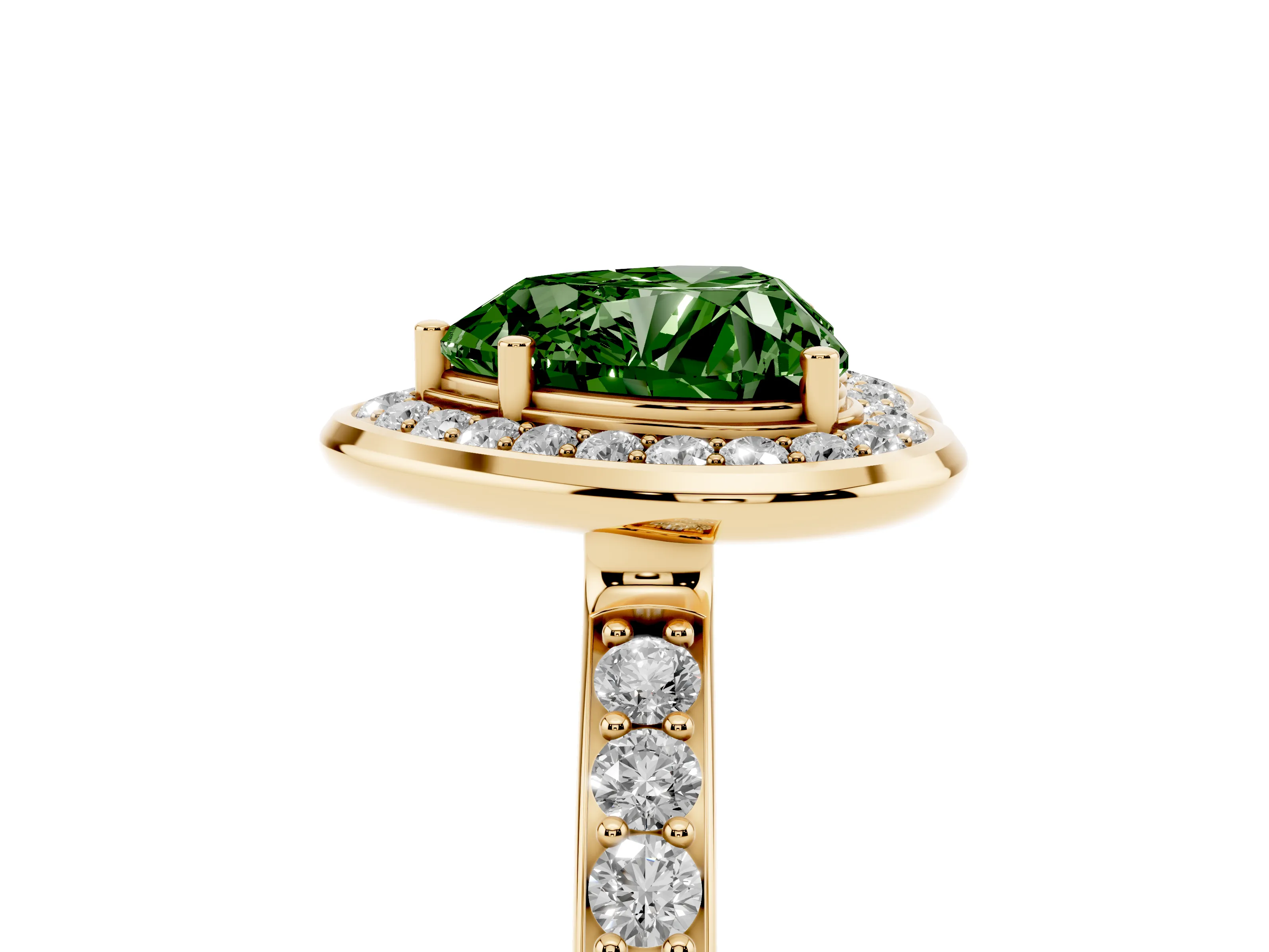 Fancy Green Heart Cut Diamond Halo Ring Set in Yellow gold with Bezel Frame and Pavé Band