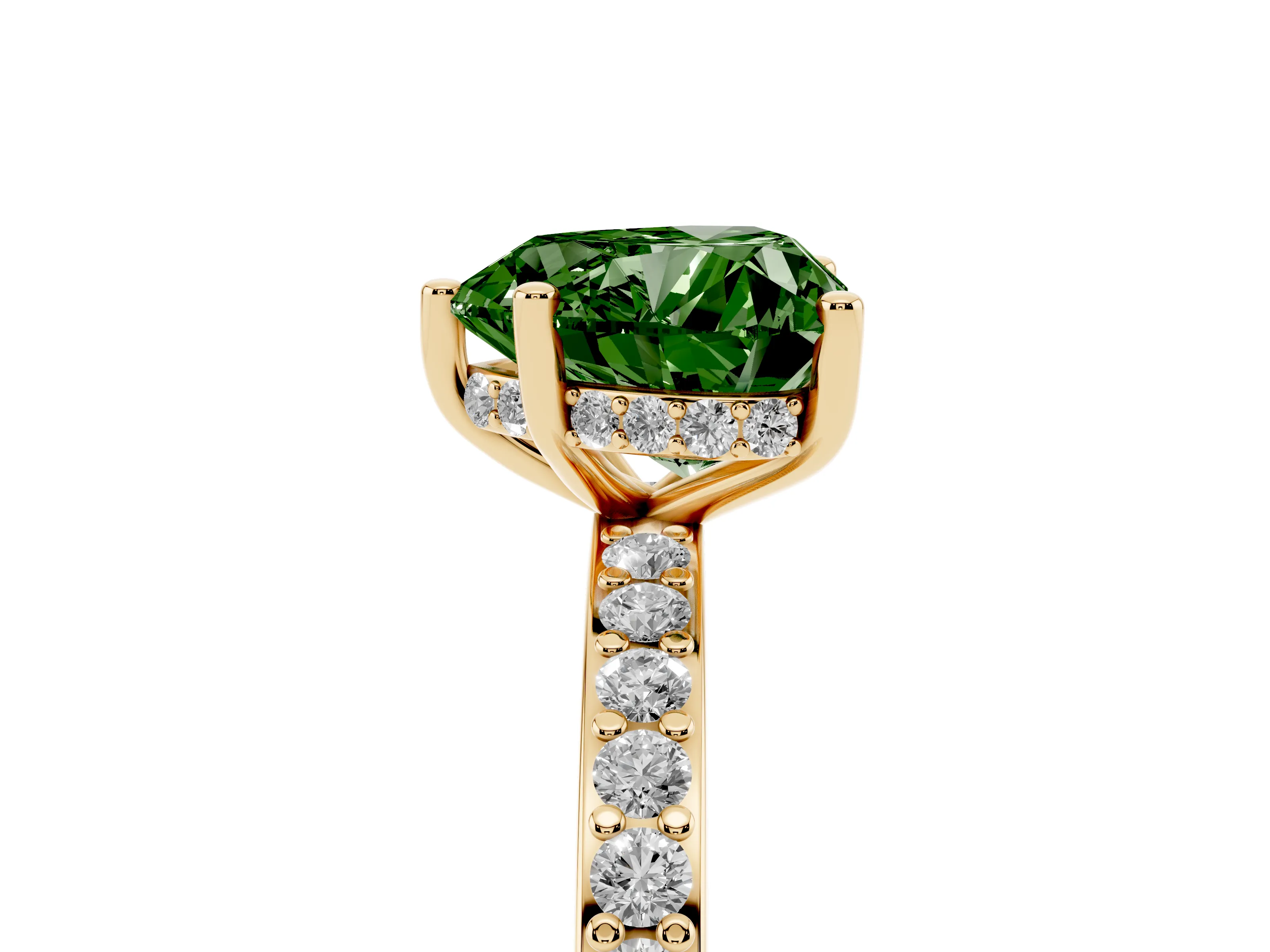 Fancy Green Heart Cut Diamond Pavé Band Ring Set in Yellow gold with Prong-Set Center Stone