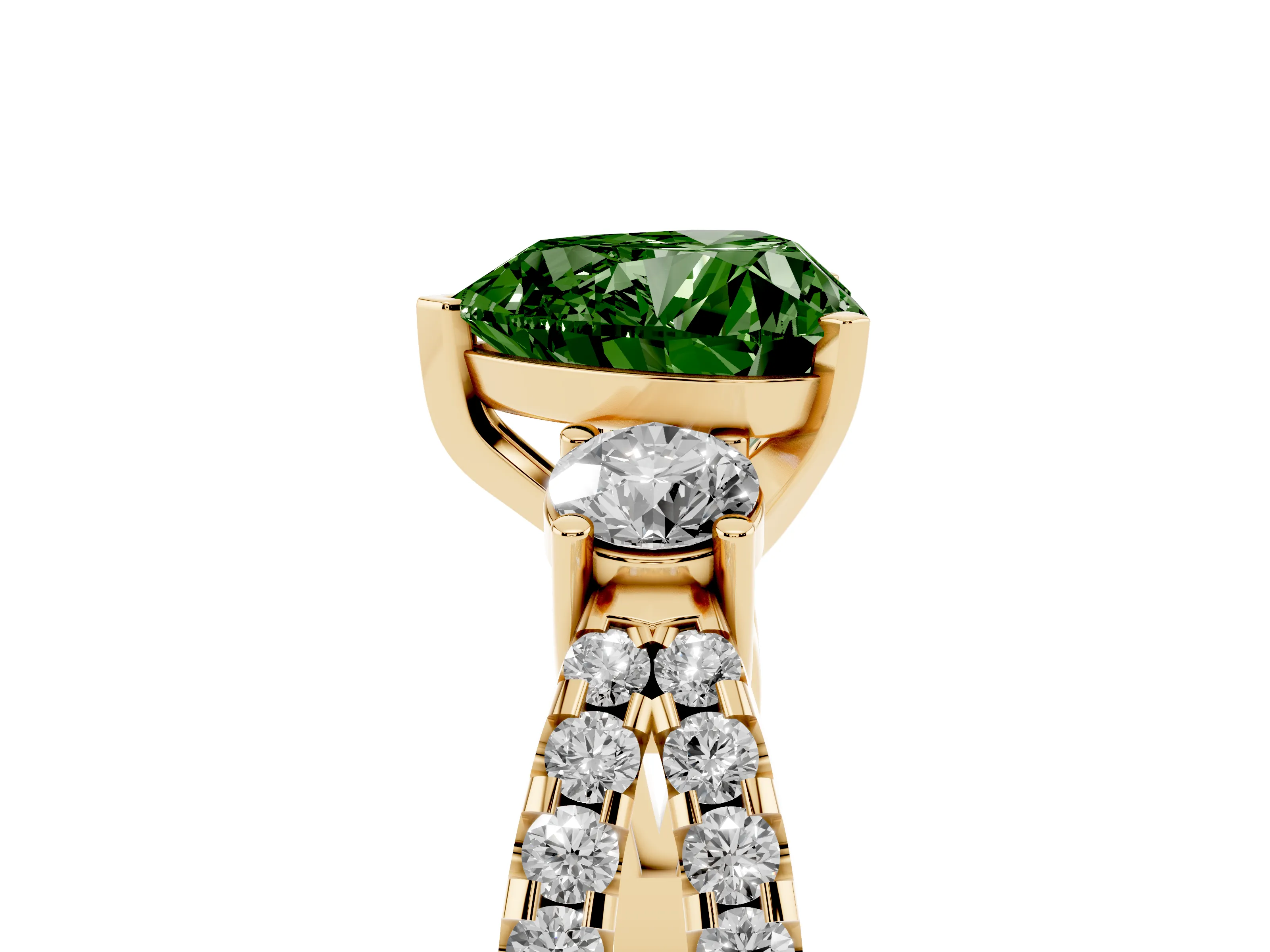 Fancy Green Heart Cut Diamond Three-Stone Ring Set in Yellow gold with Pavé Split Shank and Prong Setting