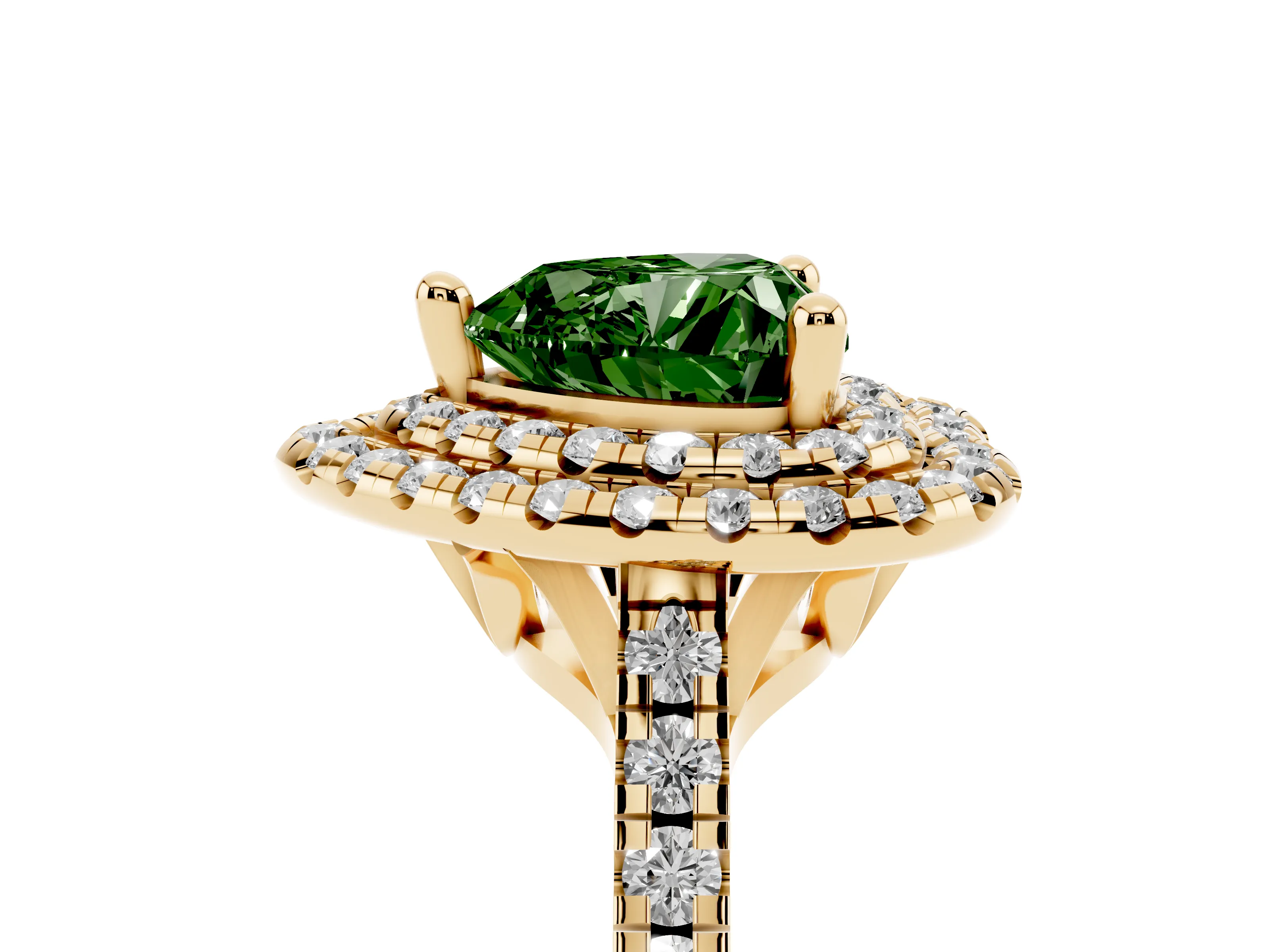 Fancy Green Heart Cut Diamond Double Halo Statement Ring Set in Yellow gold with Pavé Band