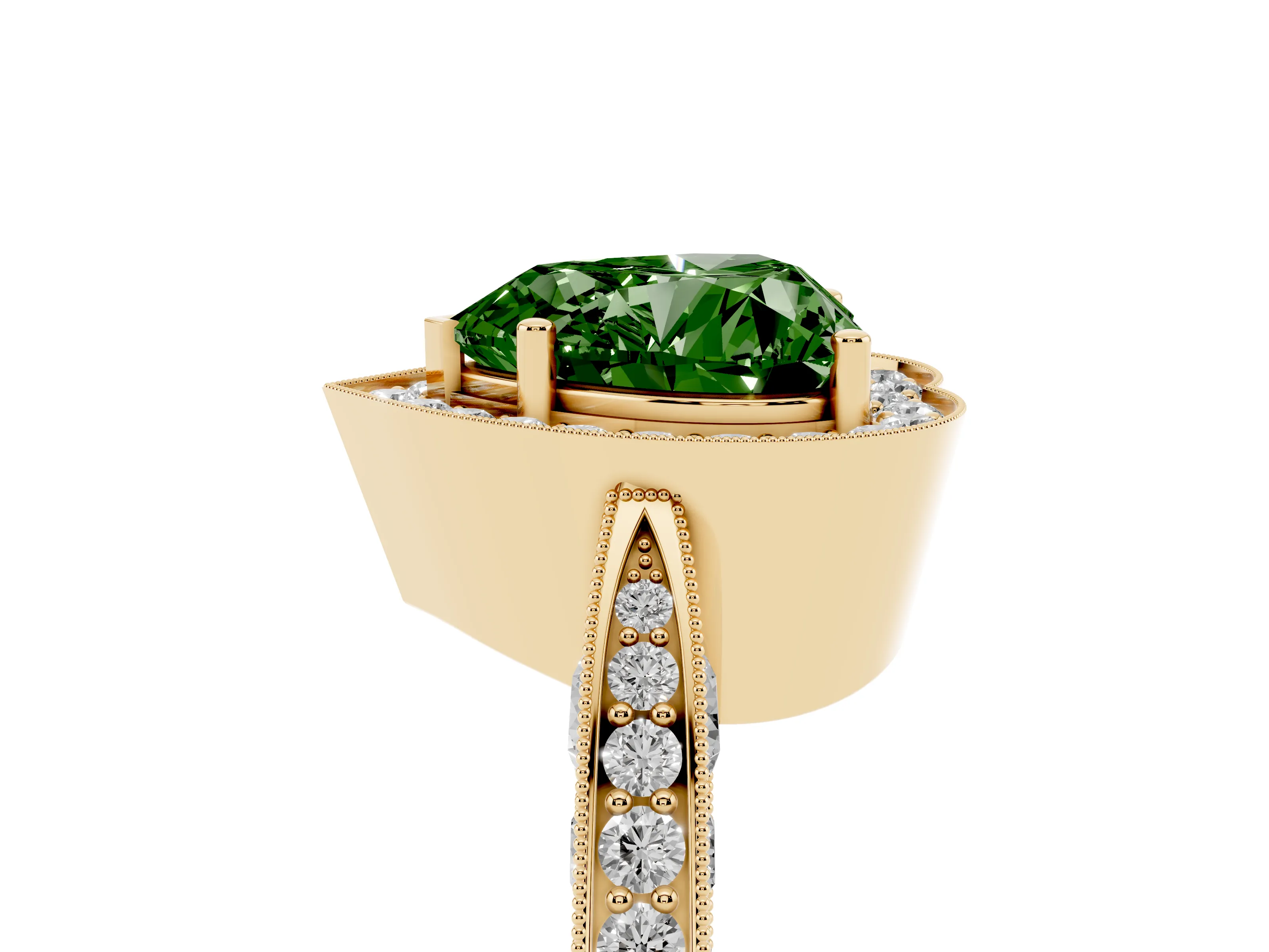 Fancy Green Heart Cut Diamond Halo Engagement Ring Set in Yellow gold with Accent Split Shank Band