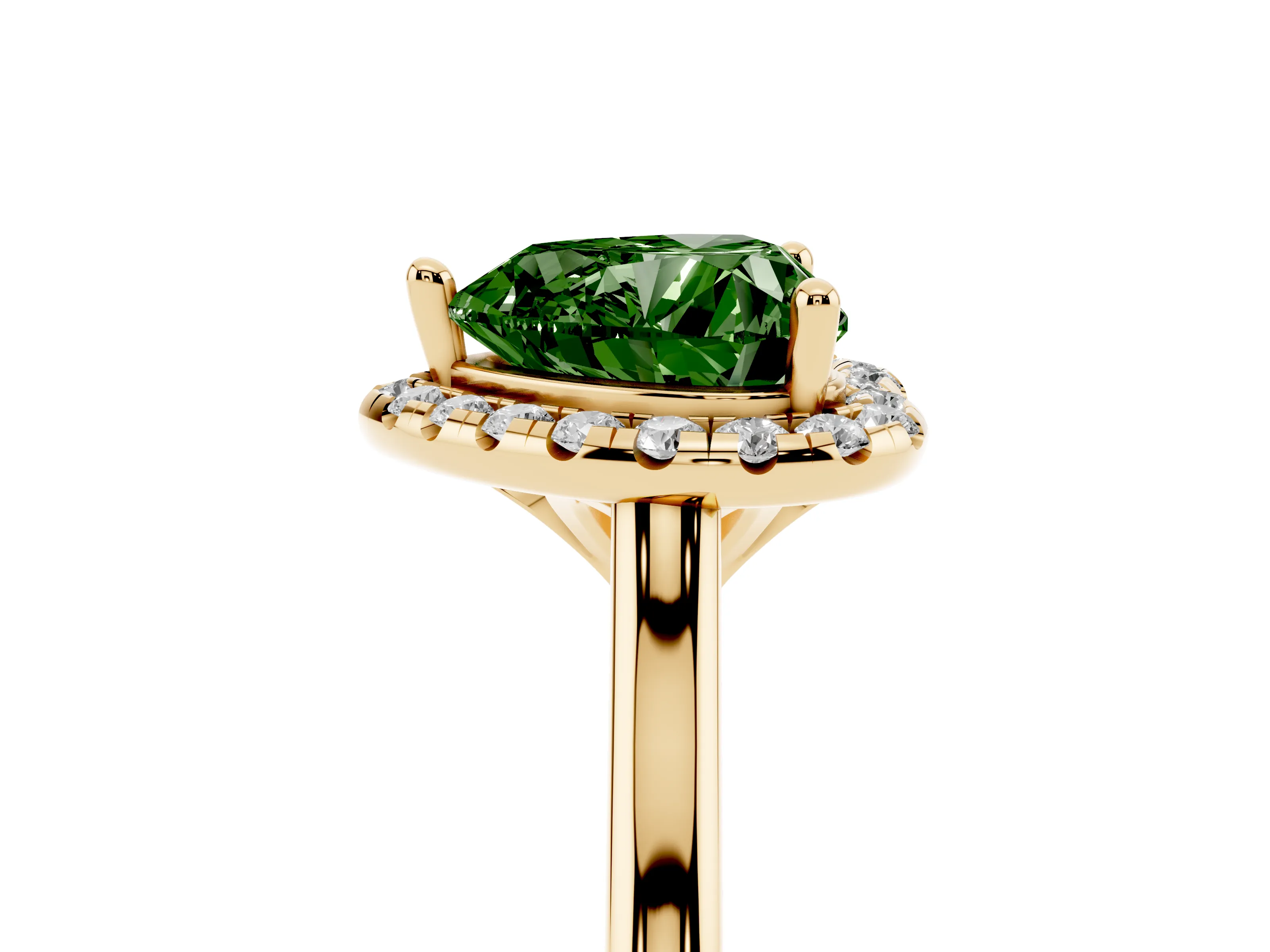 Fancy Green Heart Cut Diamond Halo Engagement Ring Set in Yellow gold with Pavé Band and Rising Shoulders