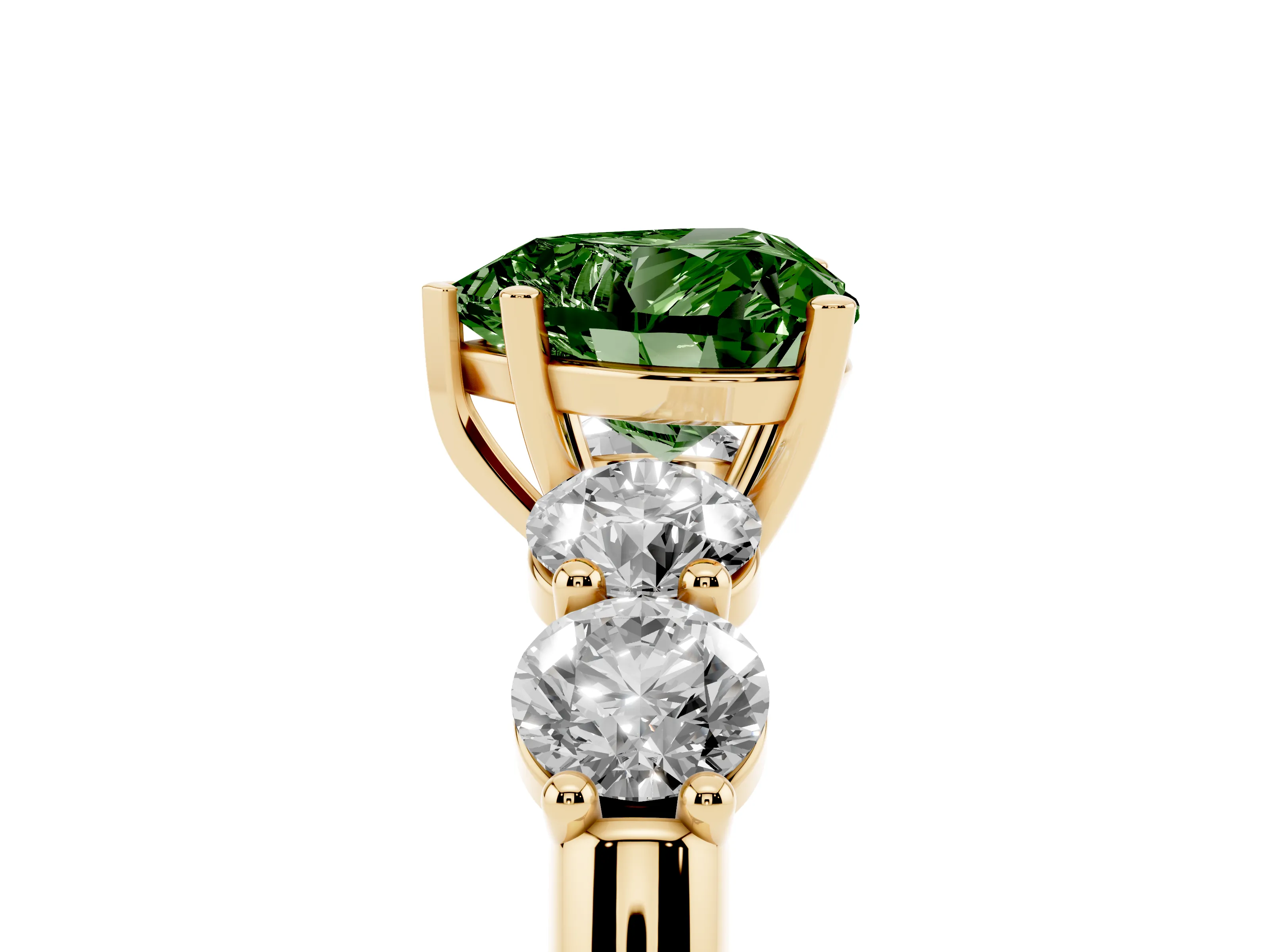 Fancy Green Heart Cut Diamond Five-Stone Prong Set Ring Set in Yellow gold with Classic Band