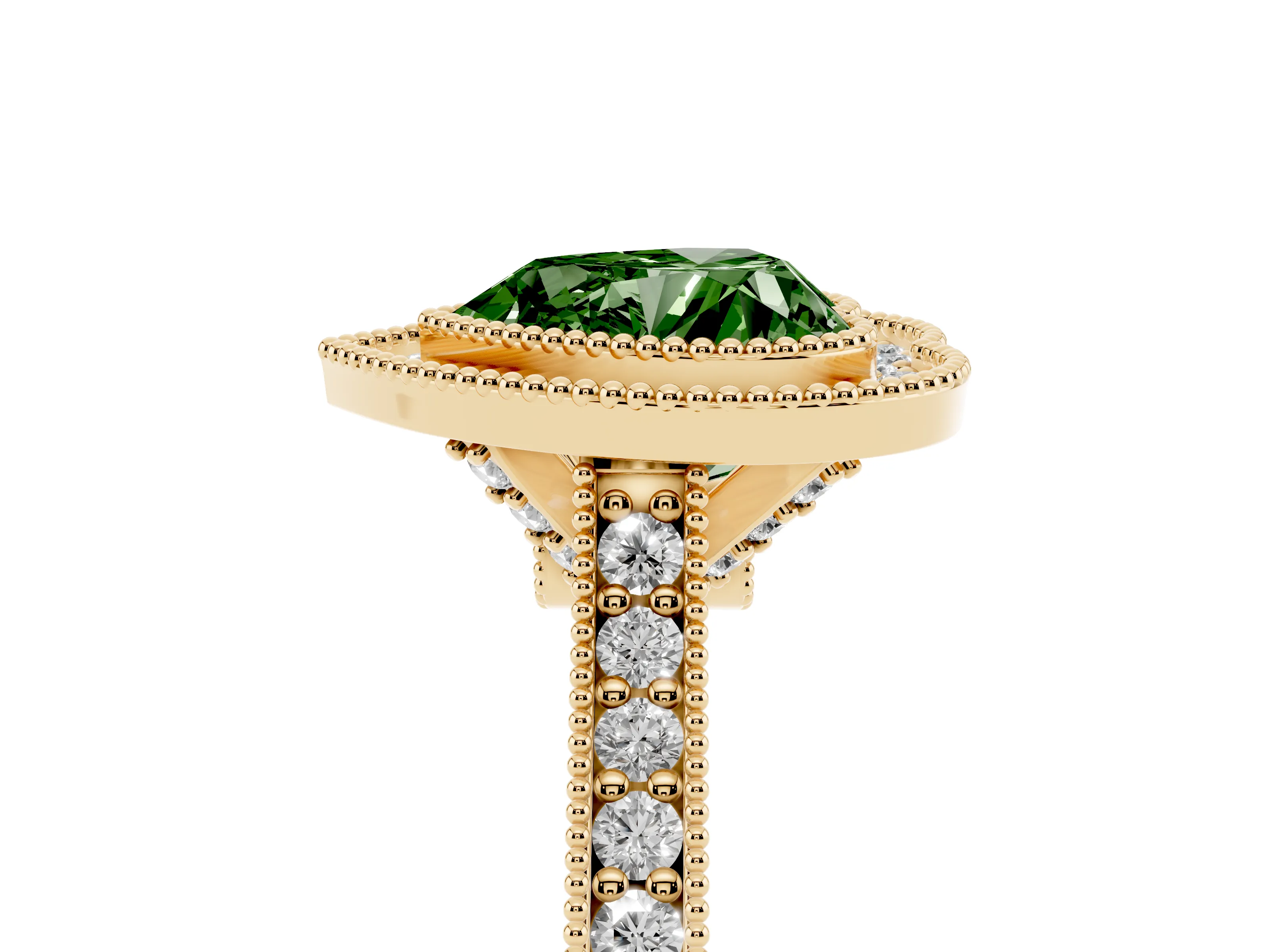 Fancy Green Heart Cut Diamond Halo Milgrain Pavé Band Ring Set in Yellow gold with Prong Setting